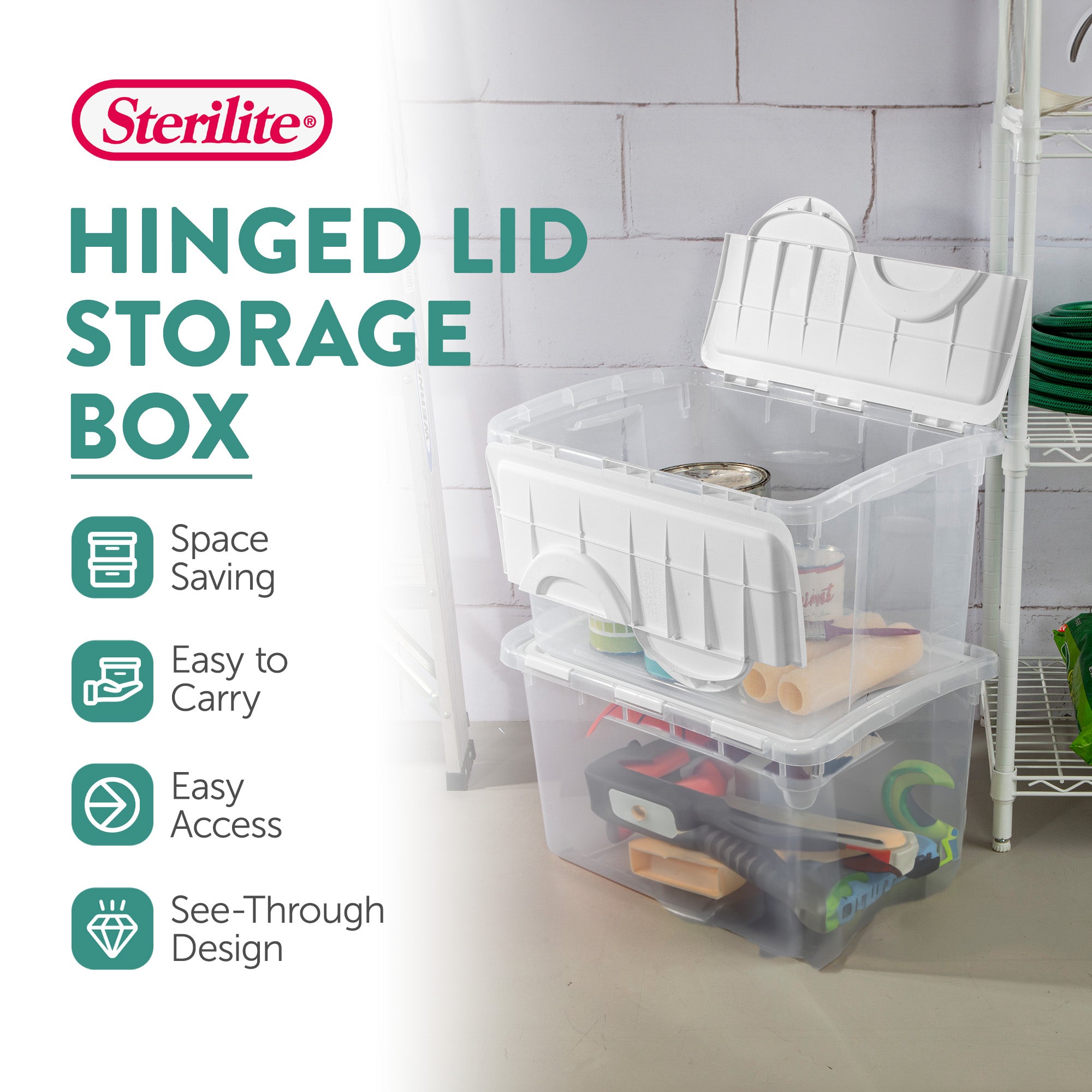 Sterilite 48 Qt Hinged Lid Storage Box Plastic Stackable Bin with Lid, 24 Pack - VMInnovations