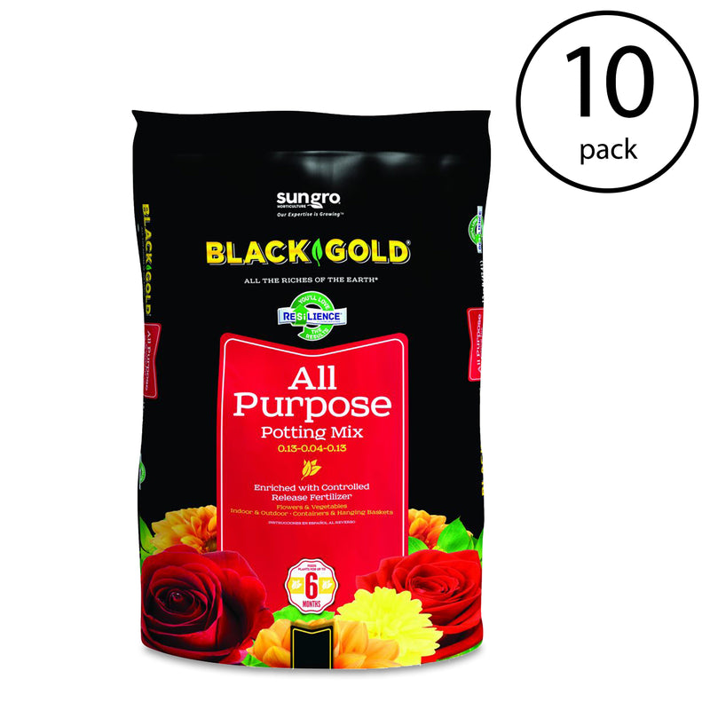 SunGro Black Gold All Purpose Potting Soil Fertilizer Mix, 8 Quart Bag (10 Pack)