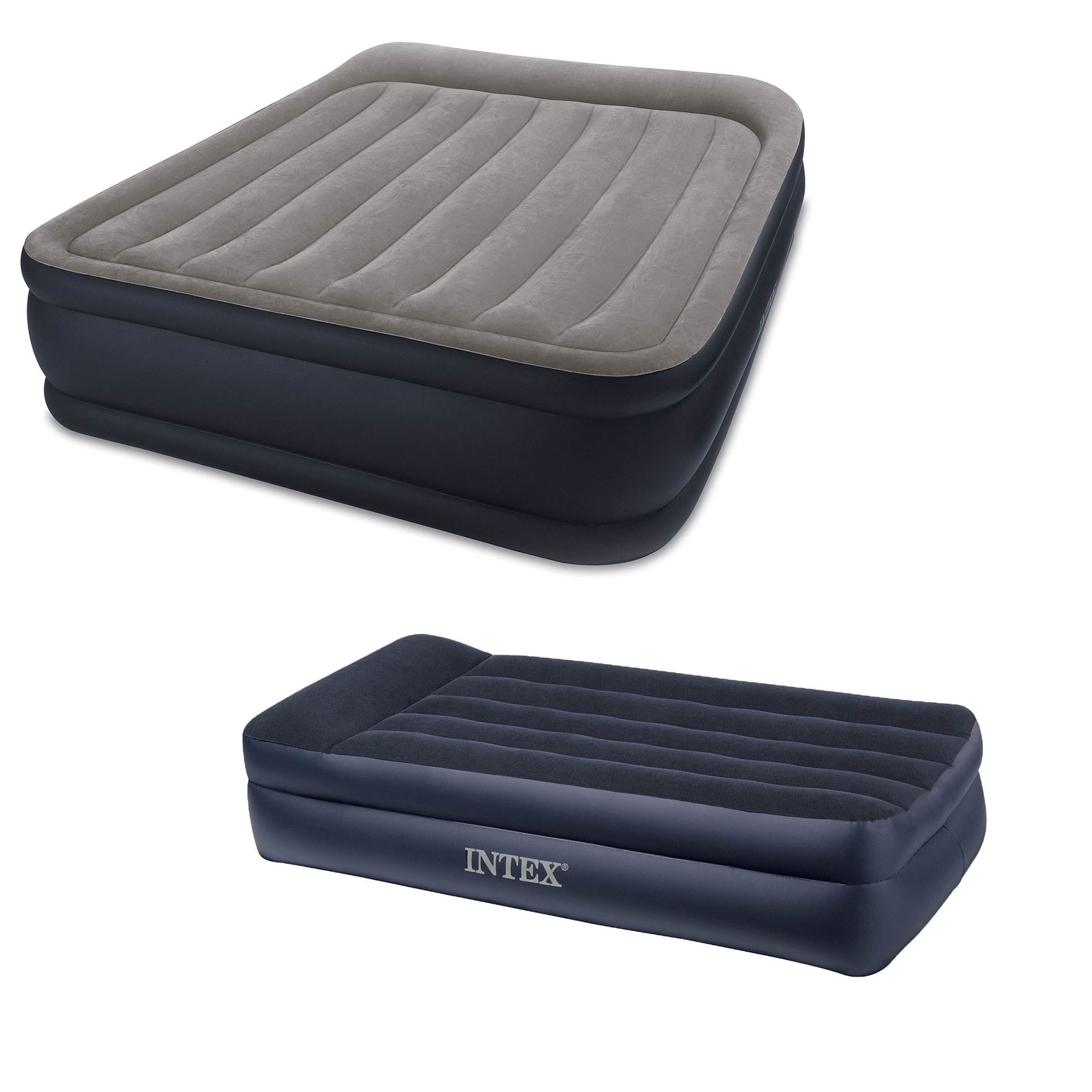 Intex Deluxe Queen + Twin Pillow Rest Built-In Pump Fiber-Tech Air Mattress