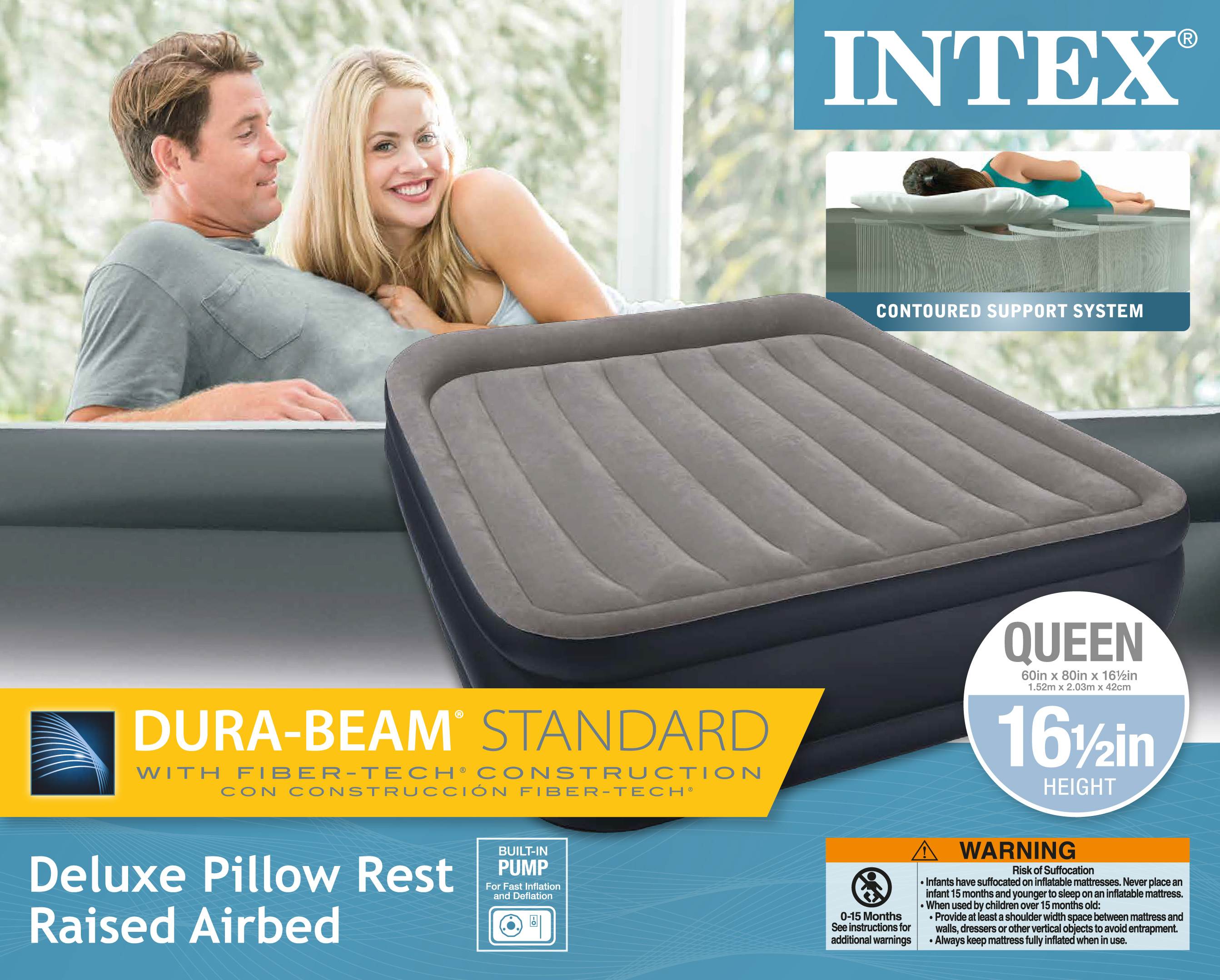 Intex Deluxe Queen + Twin Pillow Rest Built-In Pump Fiber-Tech Air Mattress