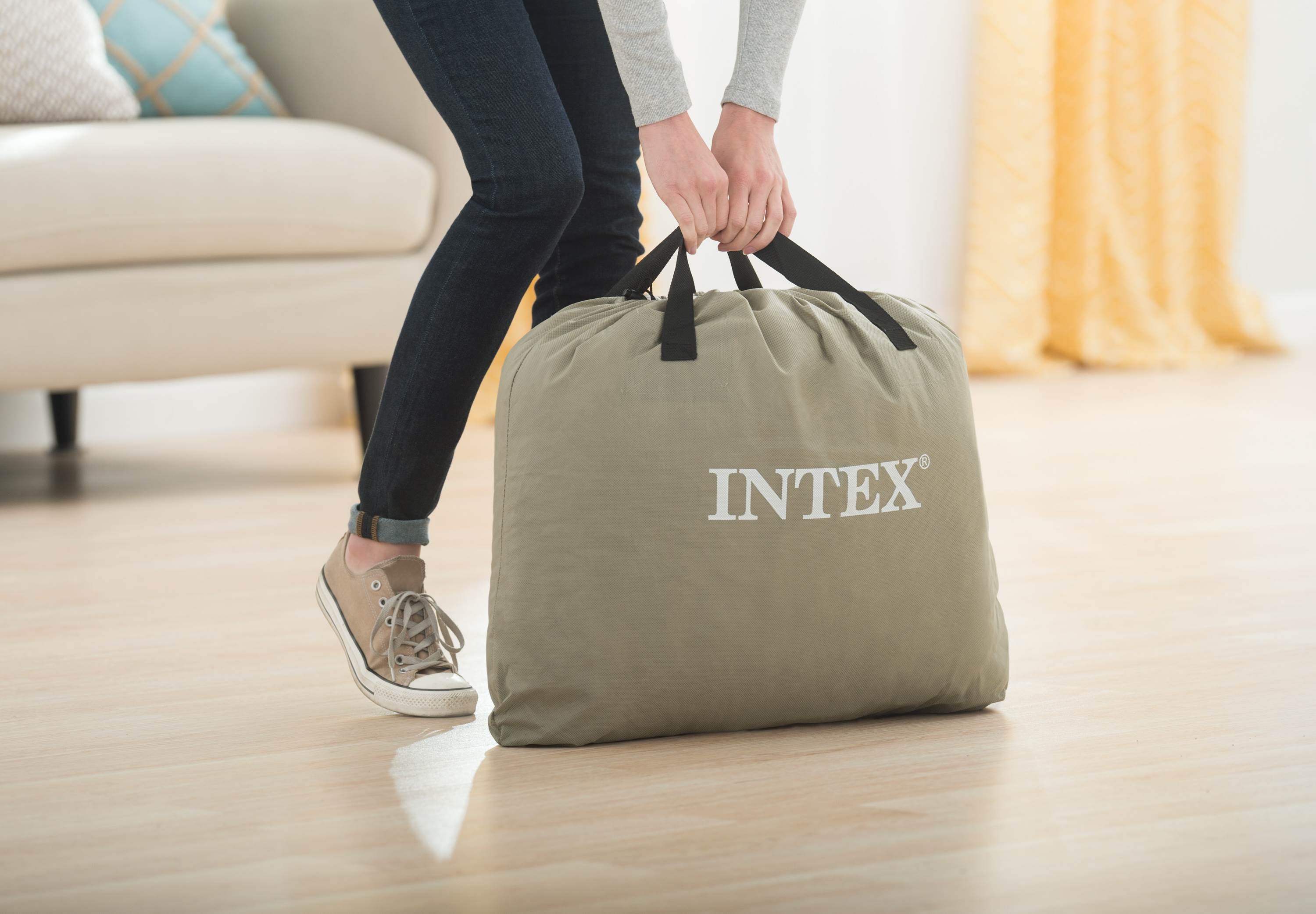 Intex Deluxe Queen + Twin Pillow Rest Built-In Pump Fiber-Tech Air Mattress