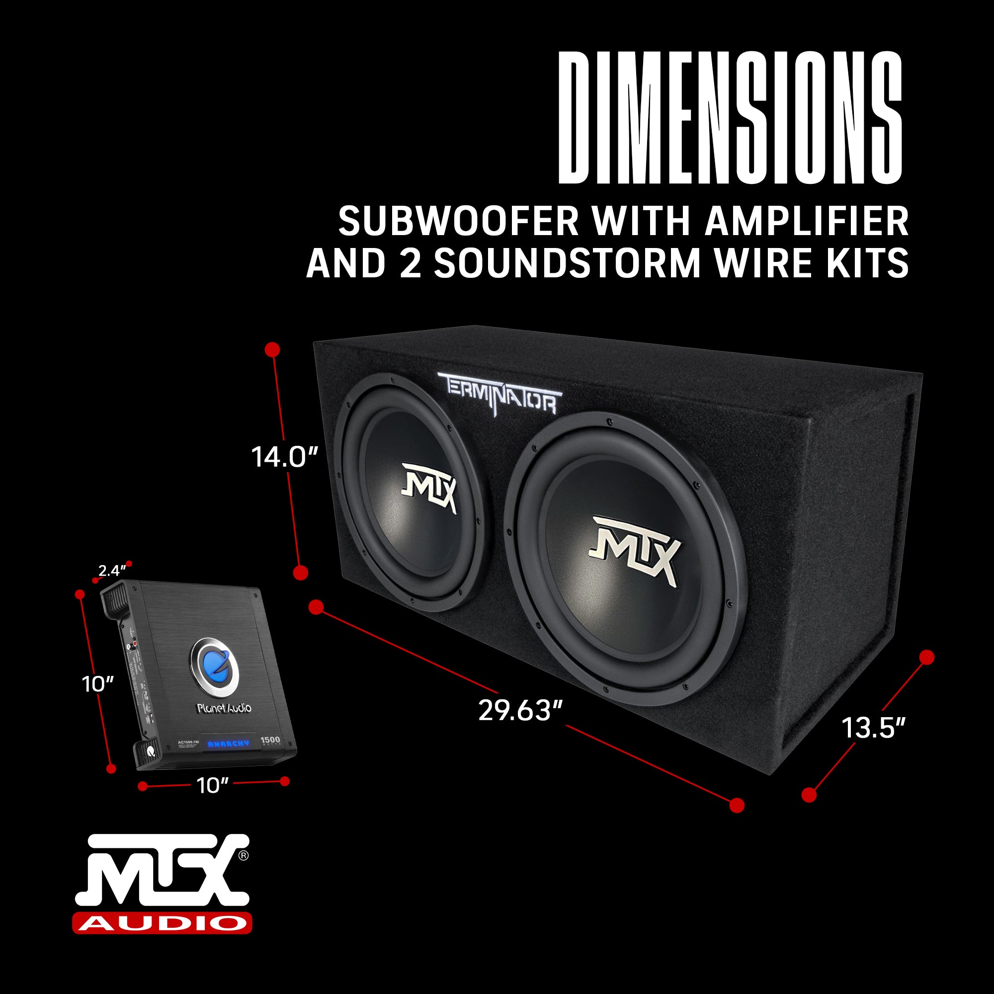 MTX 12" Dual Subwoofer Enclosure, Planet Audio Amplifier, 2 Soundstorm Wire Kits - VMInnovations