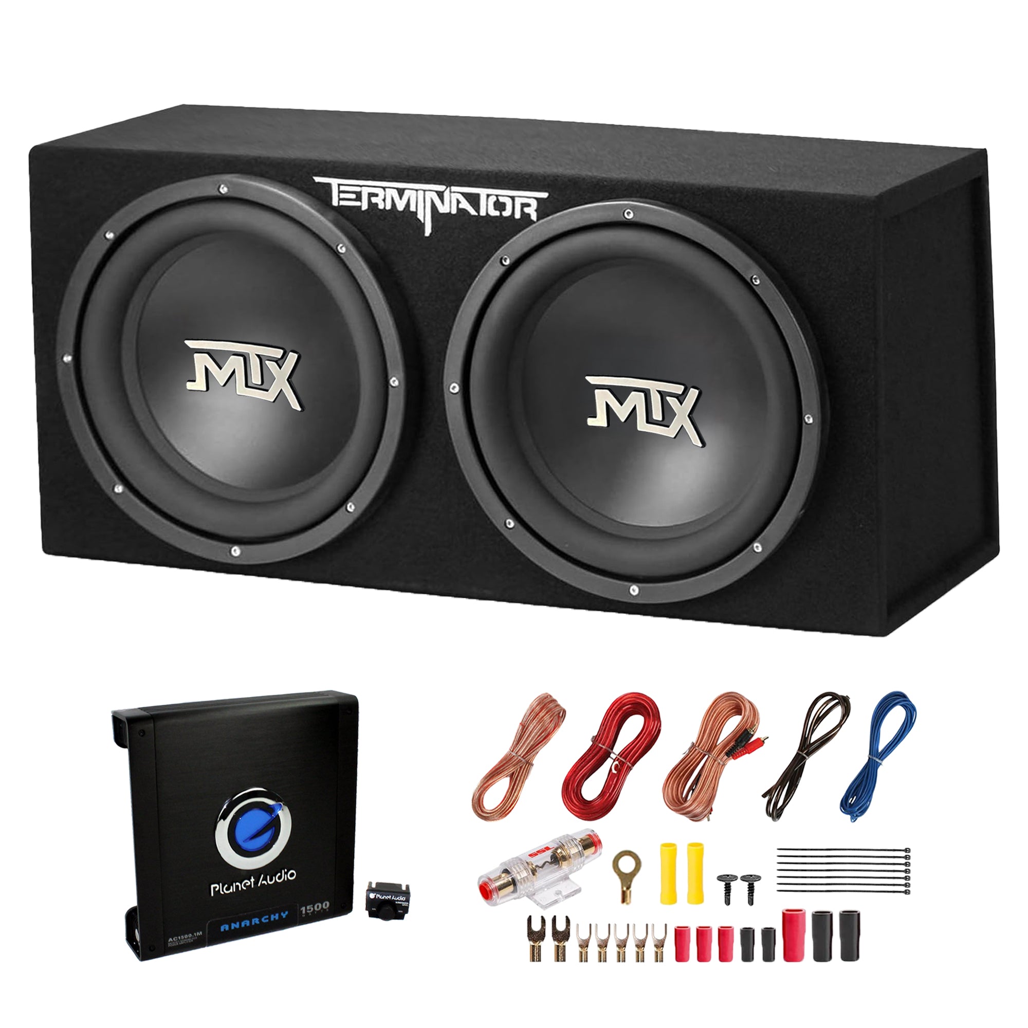 MTX 12" Dual Subwoofer Enclosure, Planet Audio Amplifier, 2 Soundstorm Wire Kits - VMInnovations