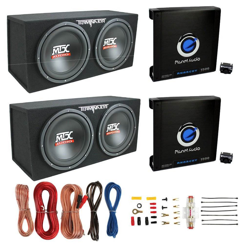 MTX TNE212D 12" Subwoofer (2 Pack) + Monoblock Amplifier (2 Pack) + Amp Wire Kit