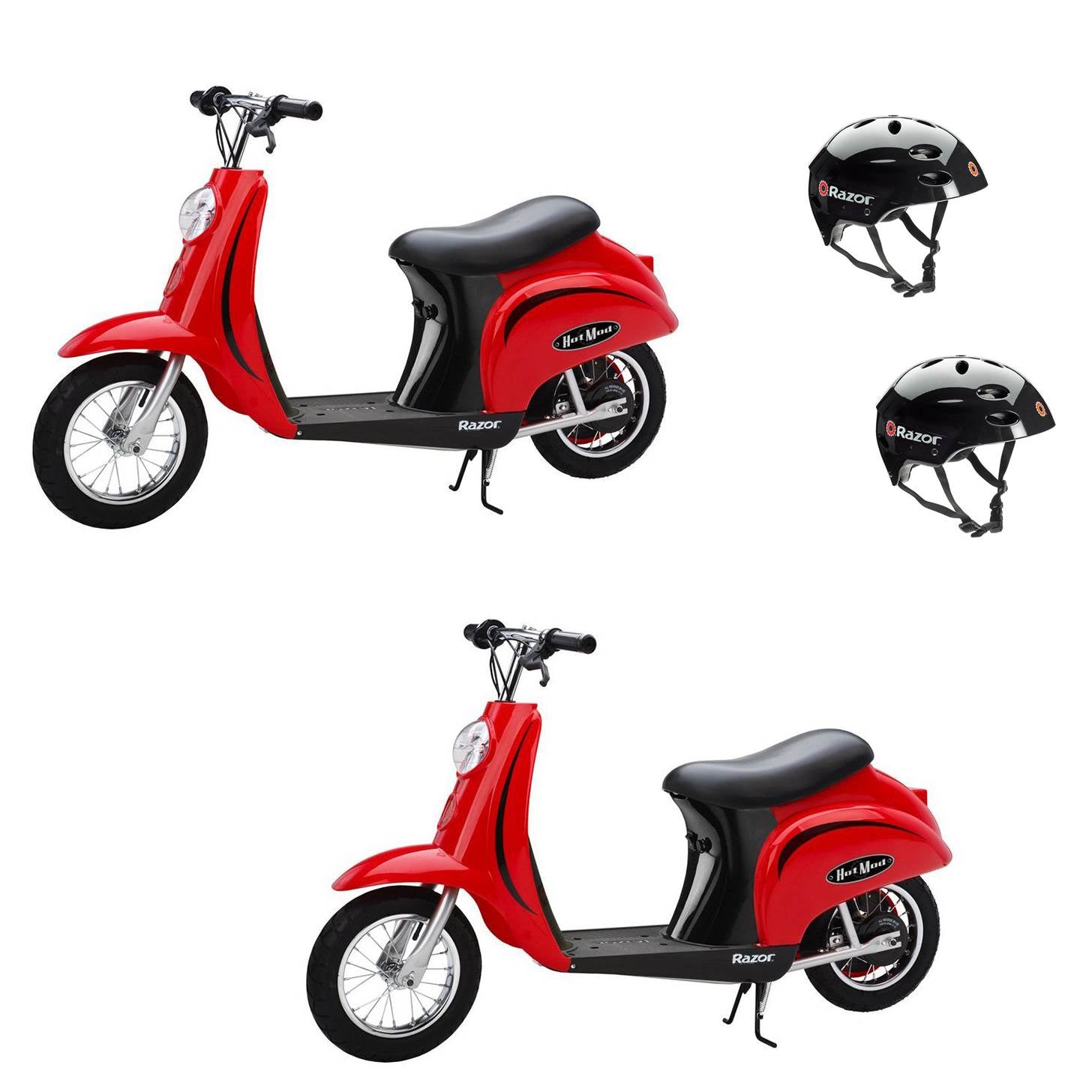 Razor Pocket Mod Miniature Euro Electric Retro Scooters, Red (2 Pack) + Helmets