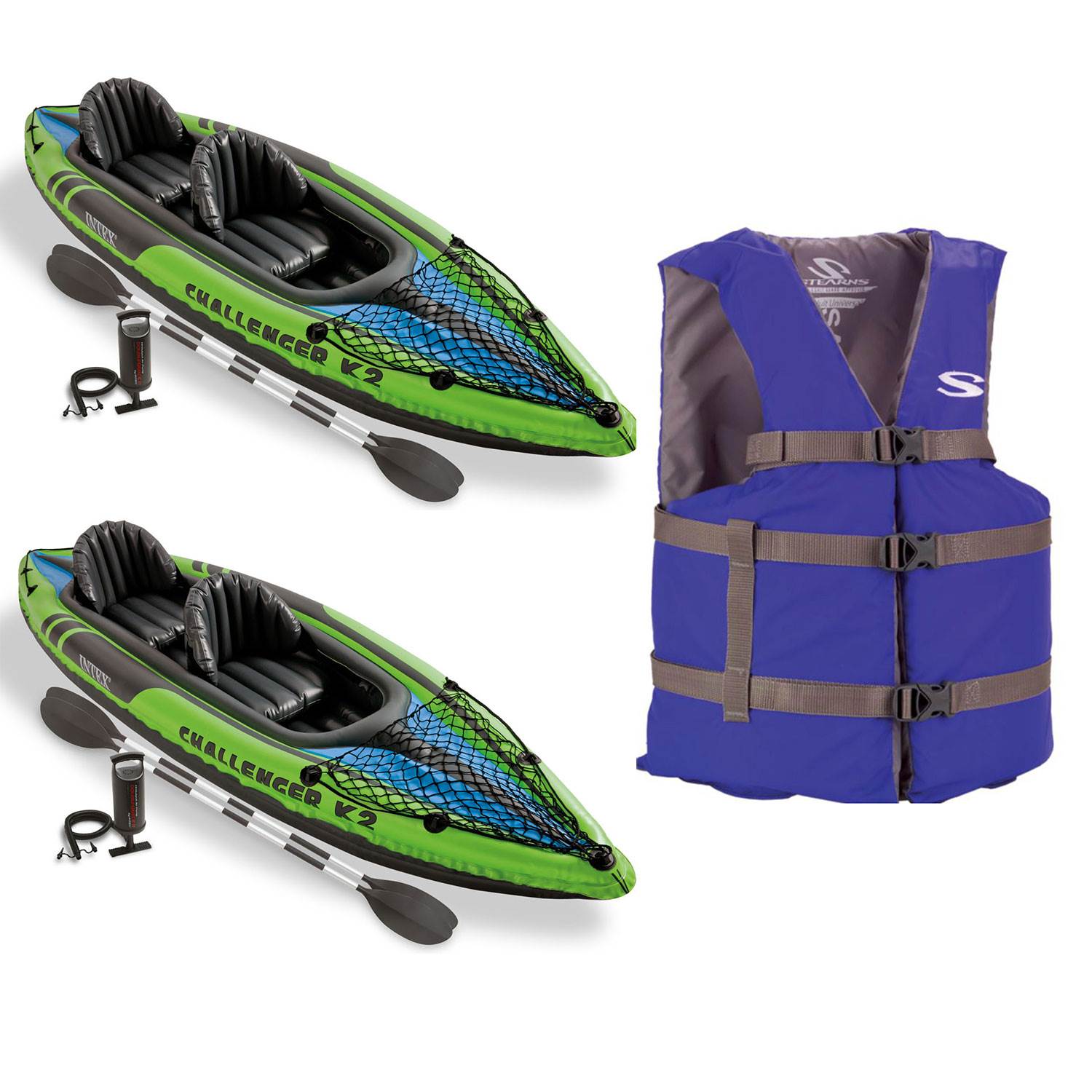 Intex Challenger Inflatable Kayak/Oars/Pump (2 Pack) + Coleman Adult Life Jacket