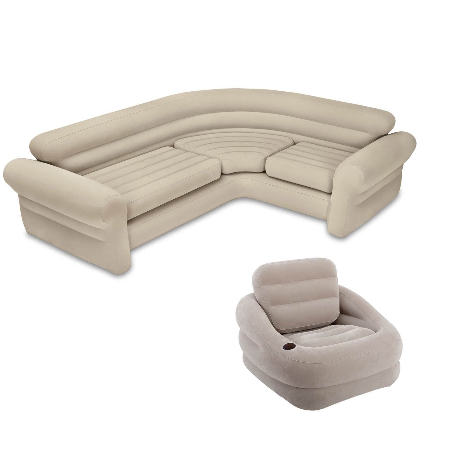 Intex Inflatable Corner Living Room Neutral Sectional Sofa + Khaki Accent Chair