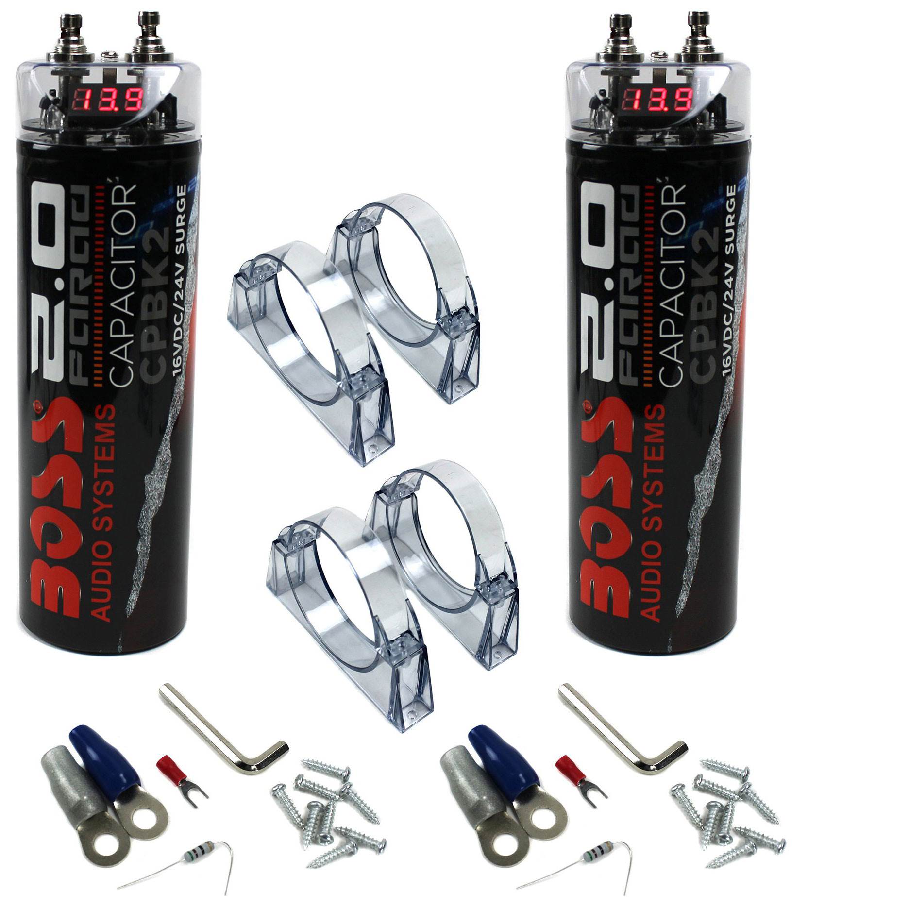Boss 2 Farad 20-Volt Digital Voltage Car Audio Power Capacitor, LED (2 Pack)