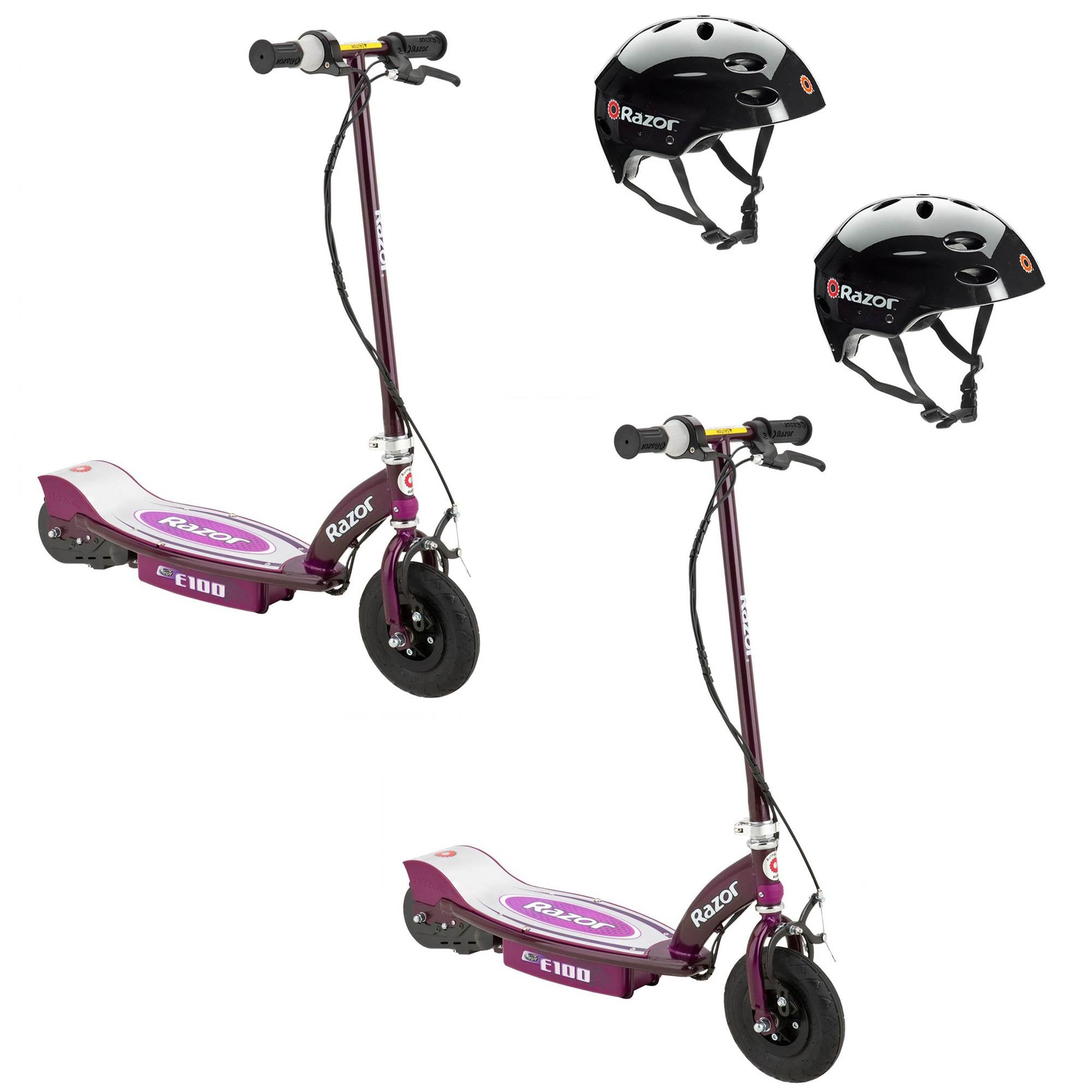Razor E100 Rechargeable Electric Motor Kids Scooters, Purple (2 Pack) + Helmets