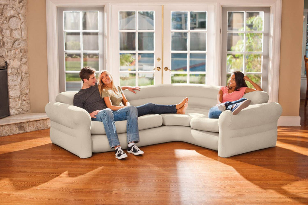 Intex Inflatable Corner Living Room Neutral Sectional Sofa & Lounge Chair Set - VMInnovations