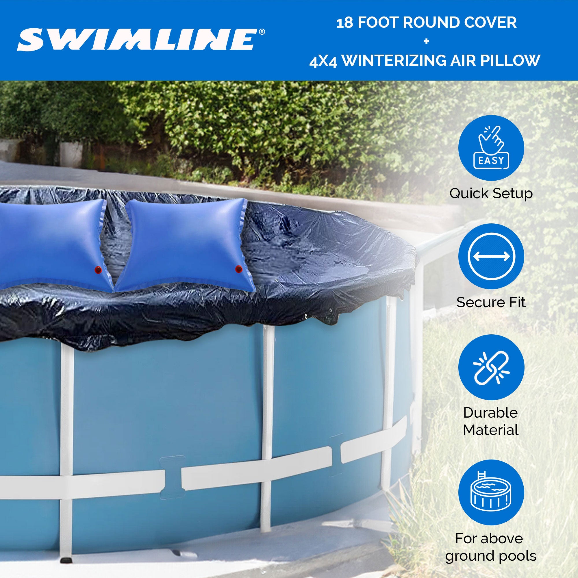 Swimline 18 Foot Round Pool Cover + 4x4 Winterizing Closing Air Pillow (2 Pack) - VMInnovations