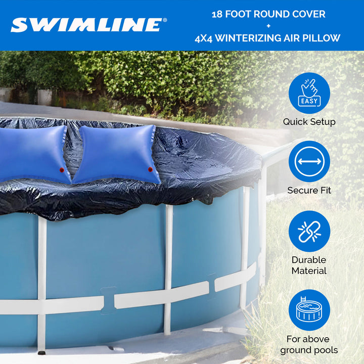 Swimline 18 Foot Round Pool Cover + 4x4 Winterizing Closing Air Pillow (2 Pack) - VMInnovations