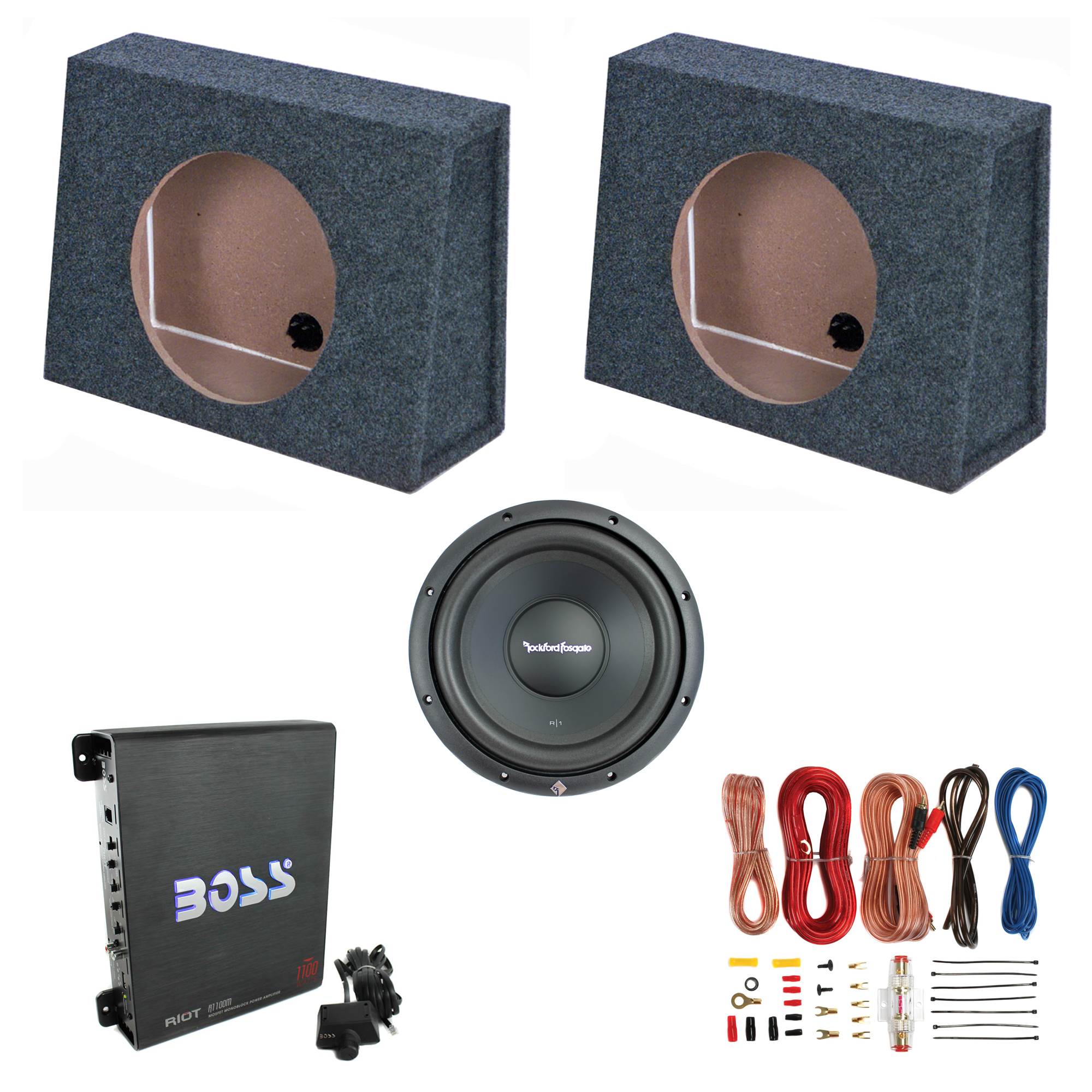 Rockford 10" Subwoofer & 10" Sub Boxes (2 Pack) & 1100W Amp & 8 Gauge Wire Kit