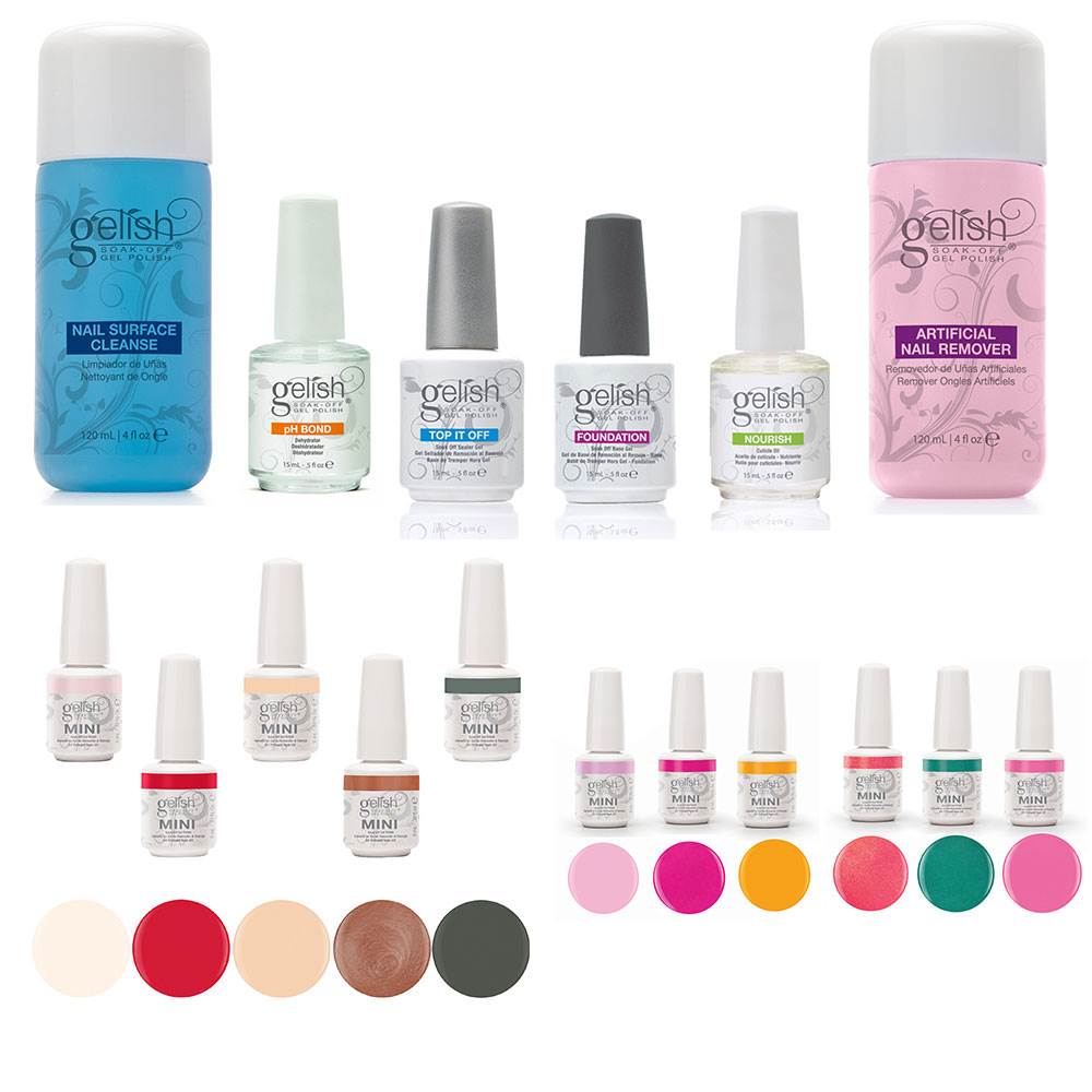 Gelish Full Size Basix Care Kit Essentials Package & 11 Gel Nail Polish Colors