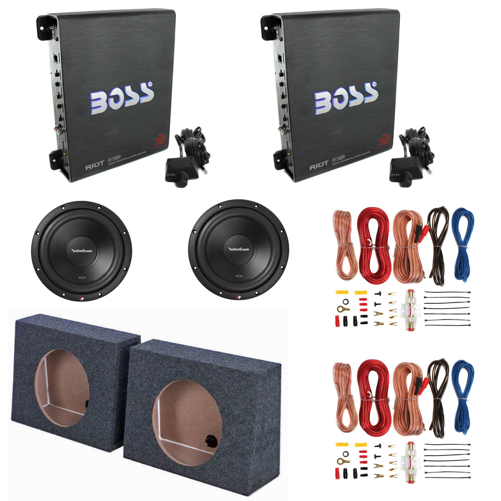 Boss Amp (2 Pack) & 10" Subwoofer (2 Pack) & 10" Sub Box (2 Pack) & Wiring Kits