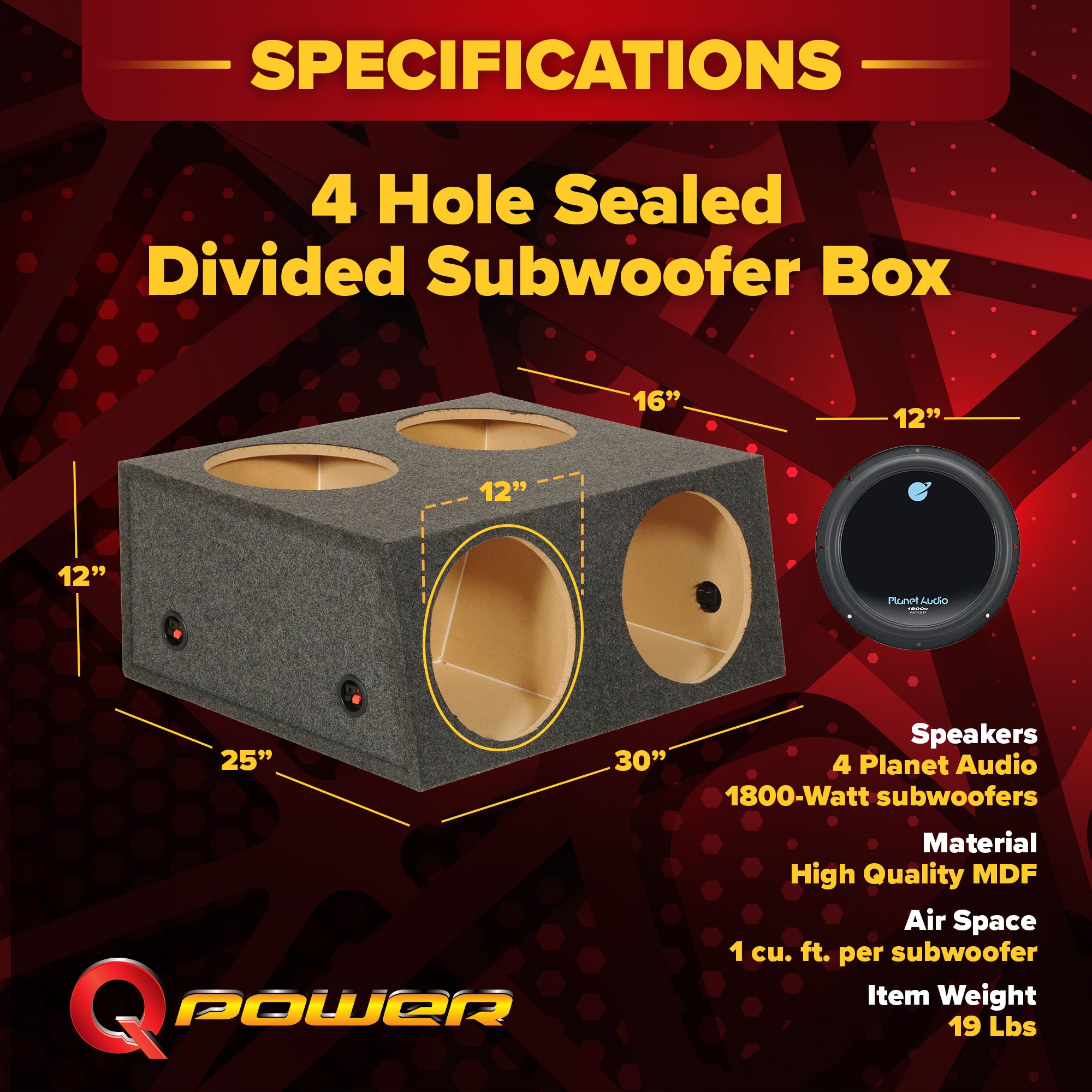 Q Power 4 Hole 12" Sealed Divided Subwoofer Box & 12" 1800W Subwoofer (4 Pack) - VMInnovations