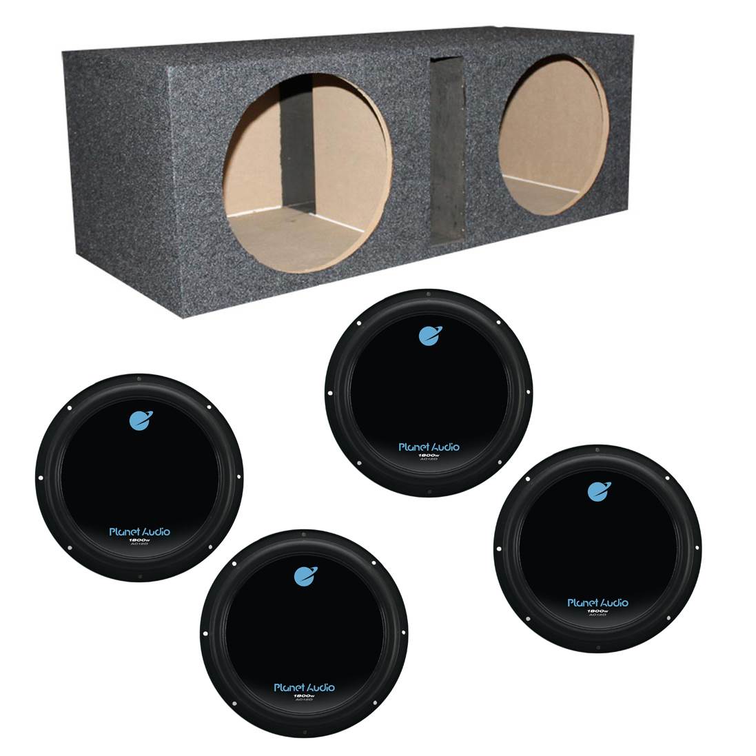 Planet Audio 12" 1800W Car Audio Subwoofers (4 Pack) & Dual 12" Vented Sub Box