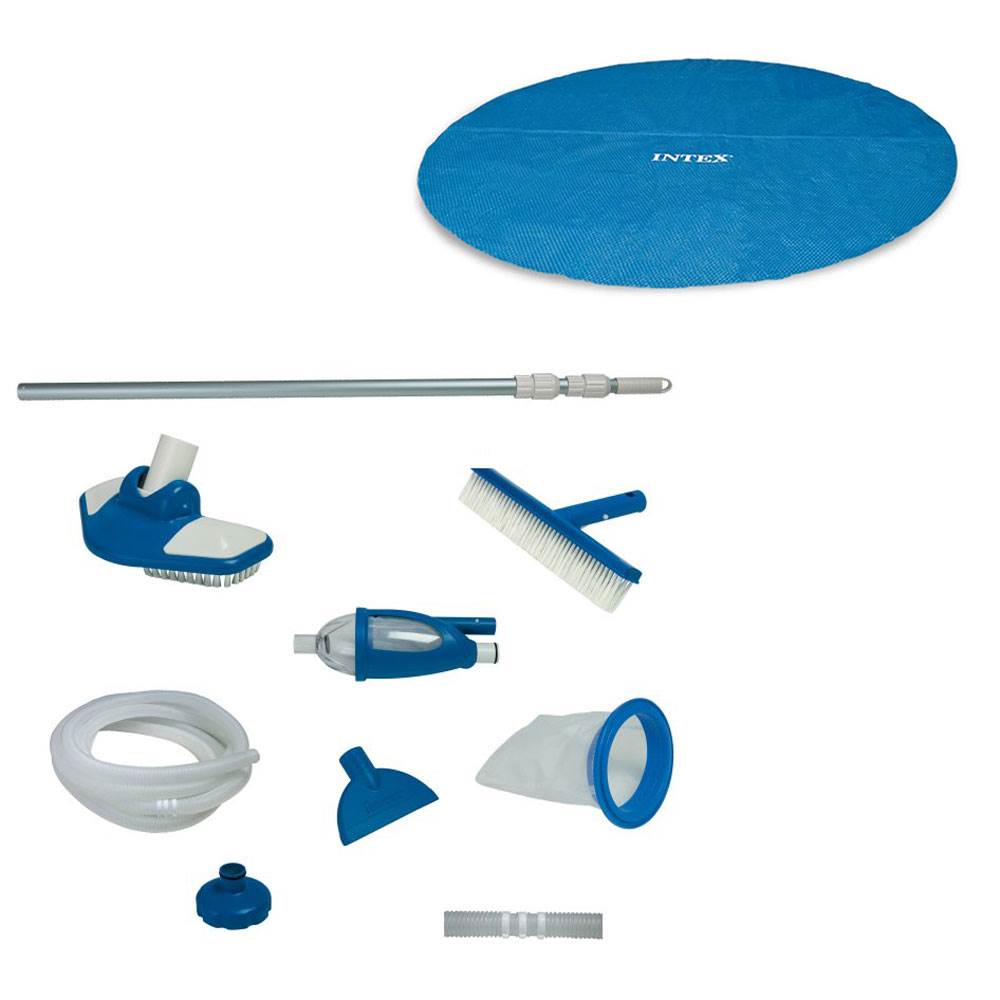 Intex 18 Ft Round Easy Set Solar Cover and Deluxe Pool Maintenance Kit w/ Vacuum - VMInnovations