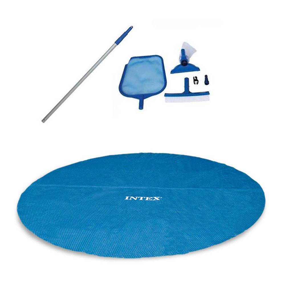 Intex 18 Ft Round Easy Solar Cover and Maintenance Kit w/ Vacuum Skimmer & Pole - VMInnovations