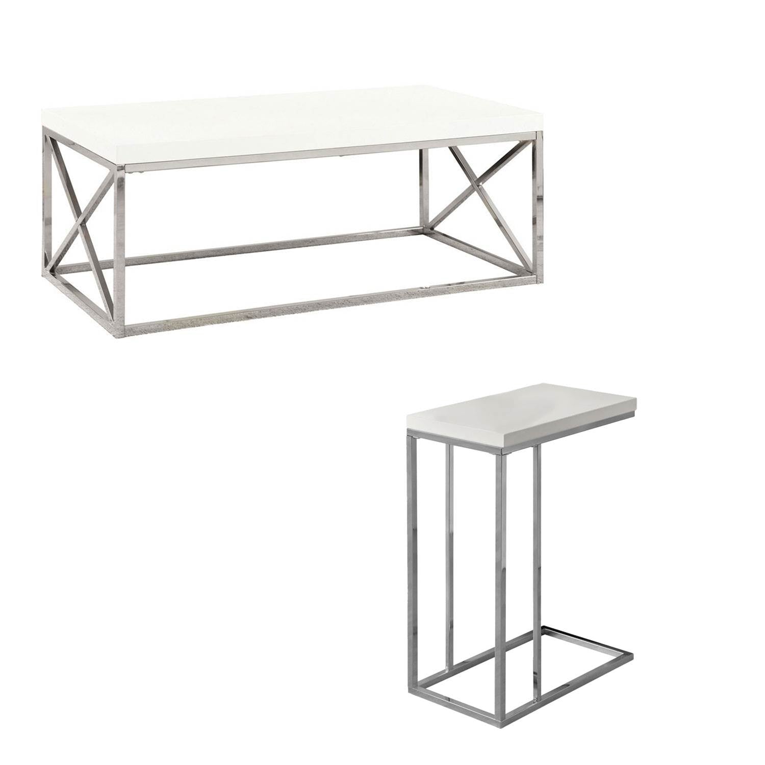 Monarch Glossy White Chrome Contemporary Living Room Coffee Table & End Table