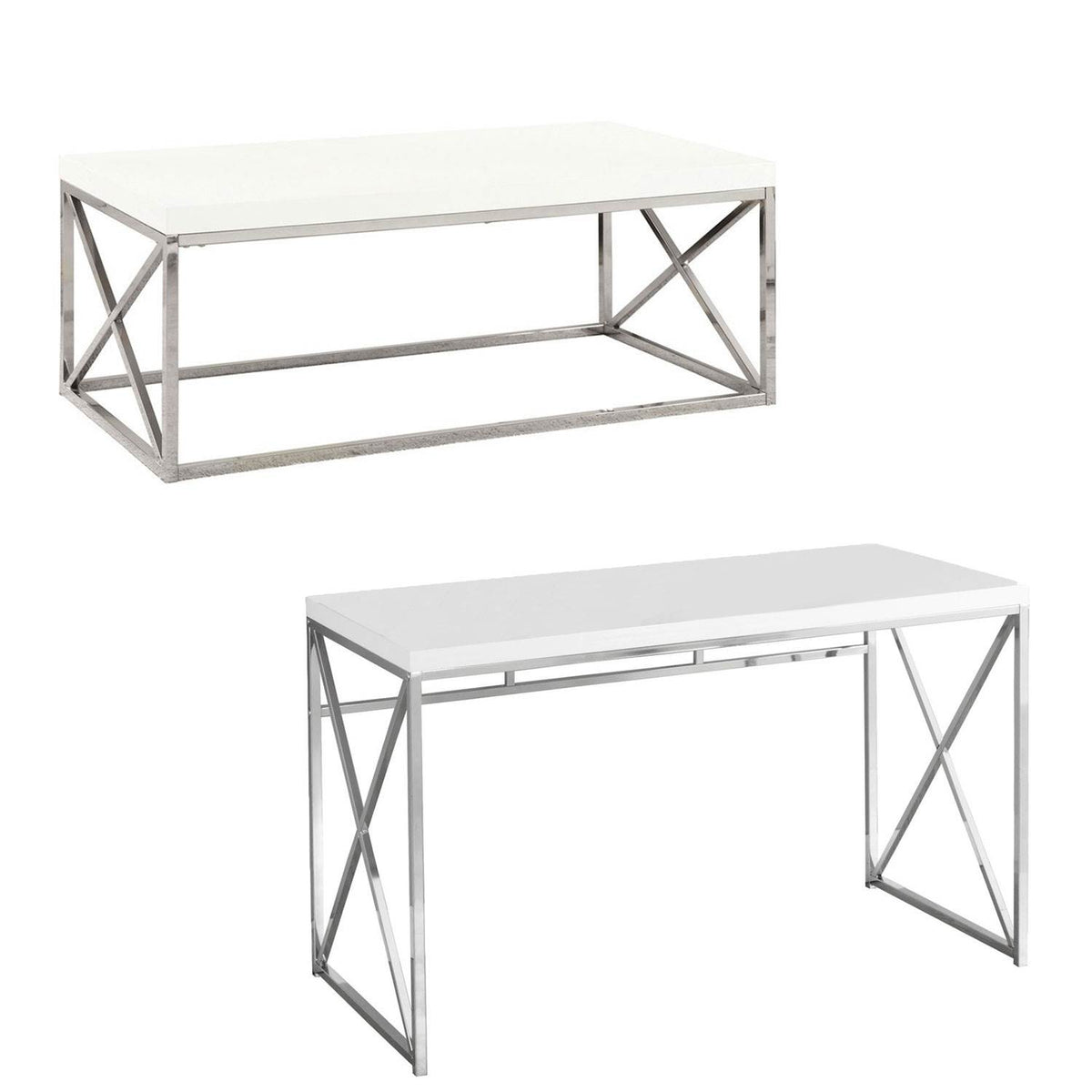 Monarch White Chrome Metal Contemporary Design Living Room Coffee Table & Desk