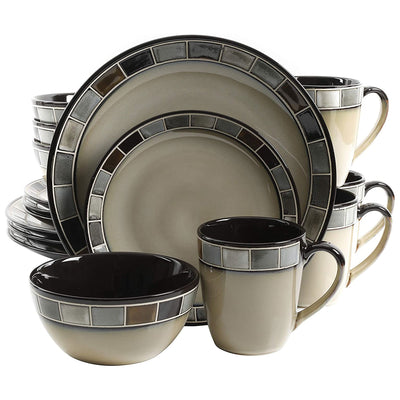 Gibson Elite Casa Gris 16 Piece Plates, Bowls, & Mugs Dinnerware Set, Cream/Grey