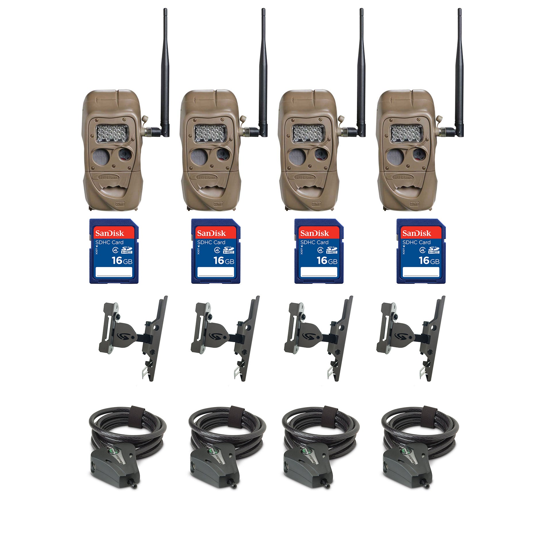 Game Camera (4 Pk) + SD Card (4 Pk) + Mount (4 Pk) + Security Cable (4 Pk) - VMInnovations