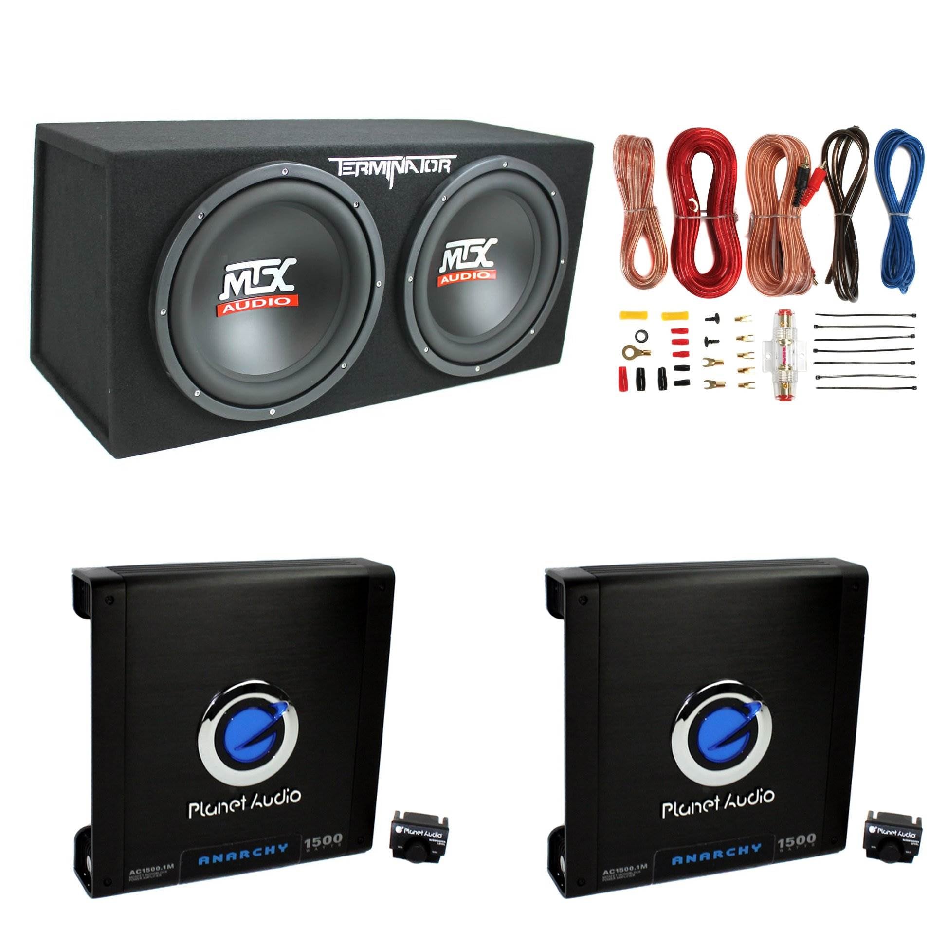 Planet Audio 1500W Mono Amplifier (2 Pack) & 12" 1200W Loaded Sub Box & Wire Kit
