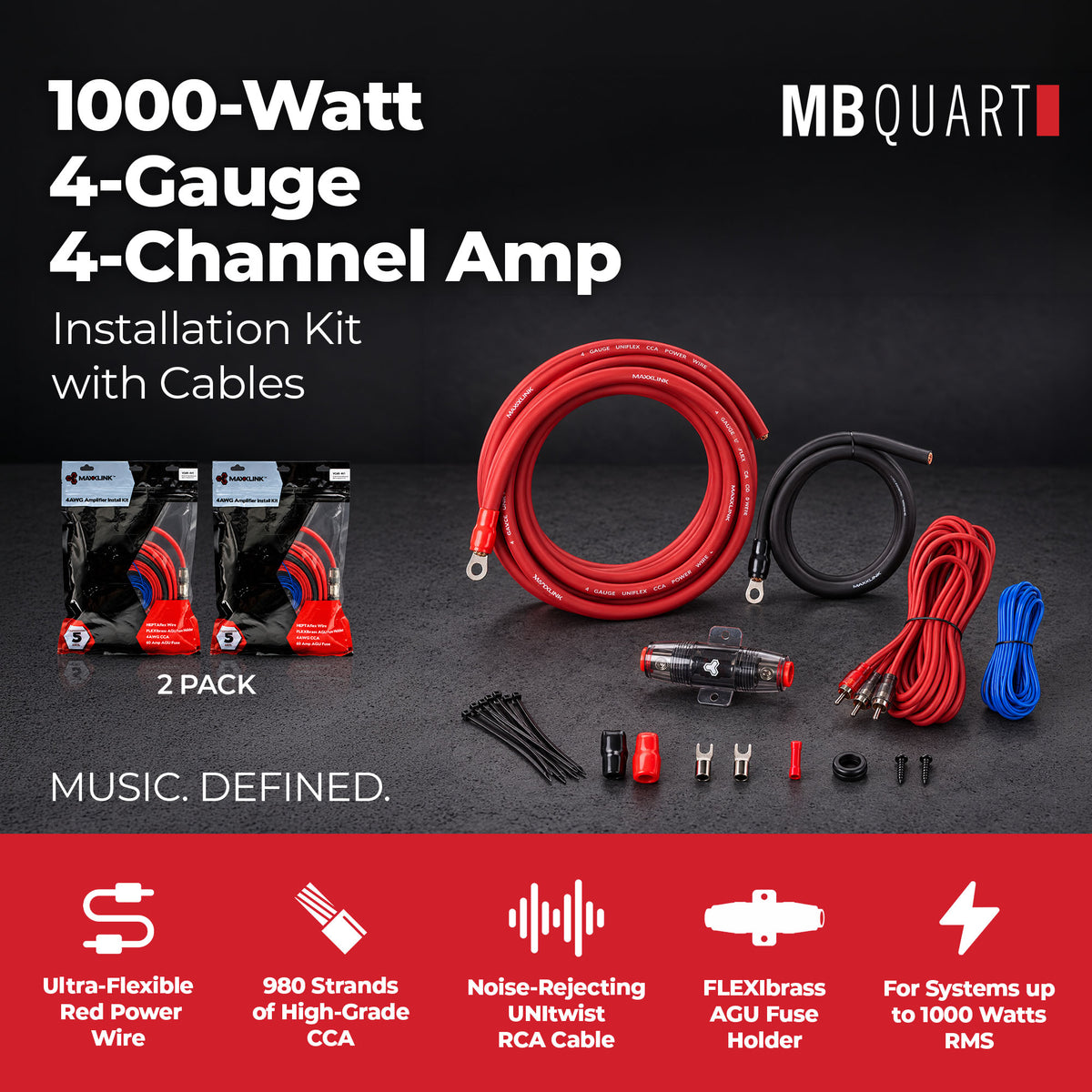 Maxxsonics 1000W 4 Gauge 4 Channel Amp Installation Kit w/ Cables (2 Pack)