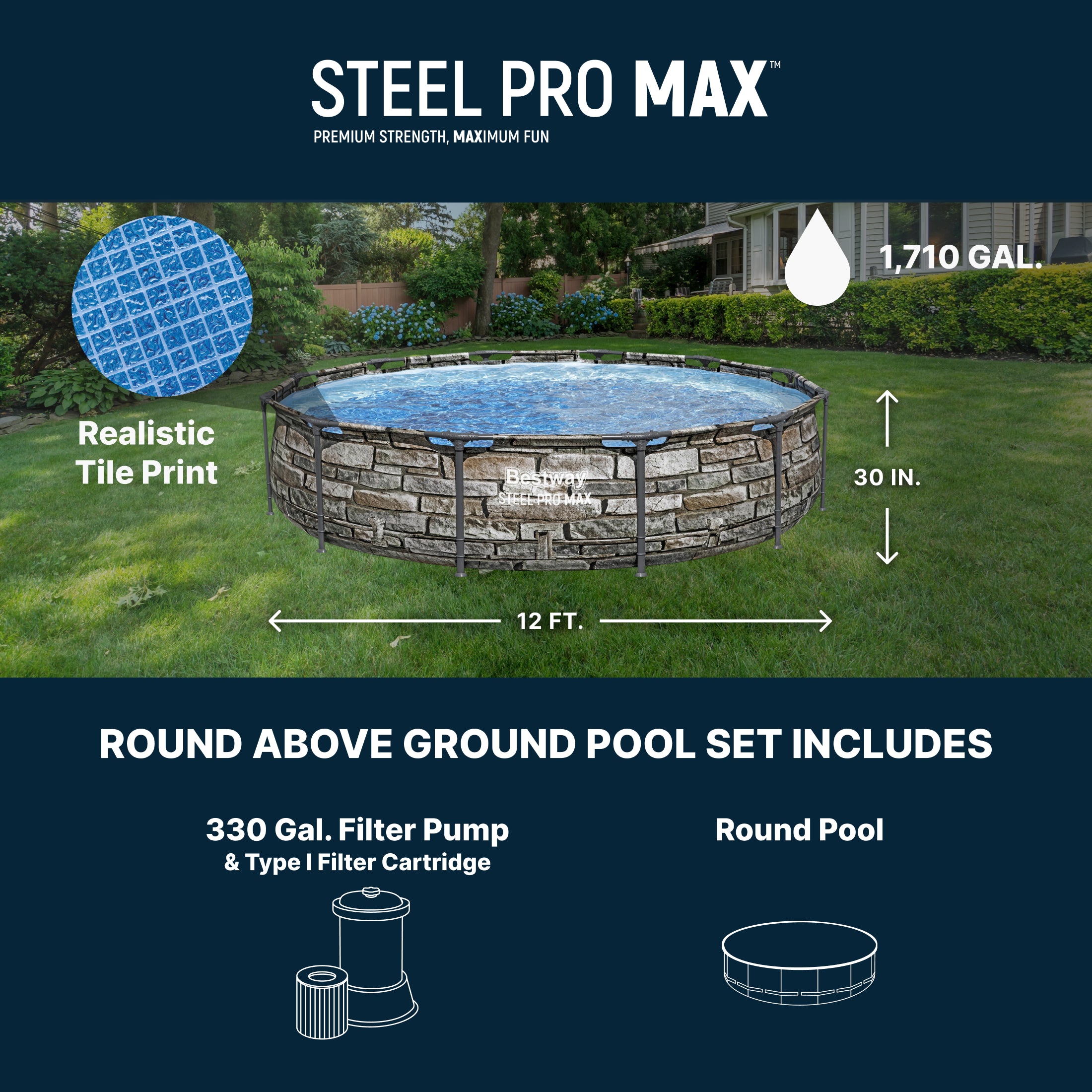 Bestway 56817E 12' x 30" Steel Pro Max Round Above Ground Swimming Pool w/ Pump