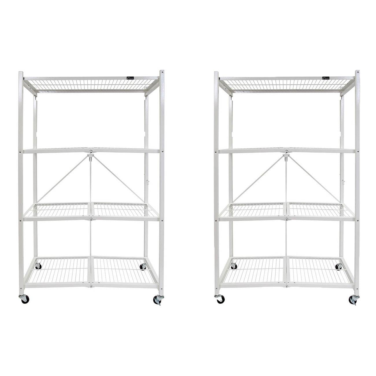 Origami 4 Tier Heavy Duty Multi Purpose Storage Rack w/ Wheels, White (2 Pack)