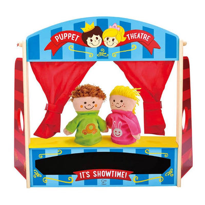 Hape Childrens Hand Puppet Wooden Playhouse Theater Stage Set & Puppets (4 Pack)