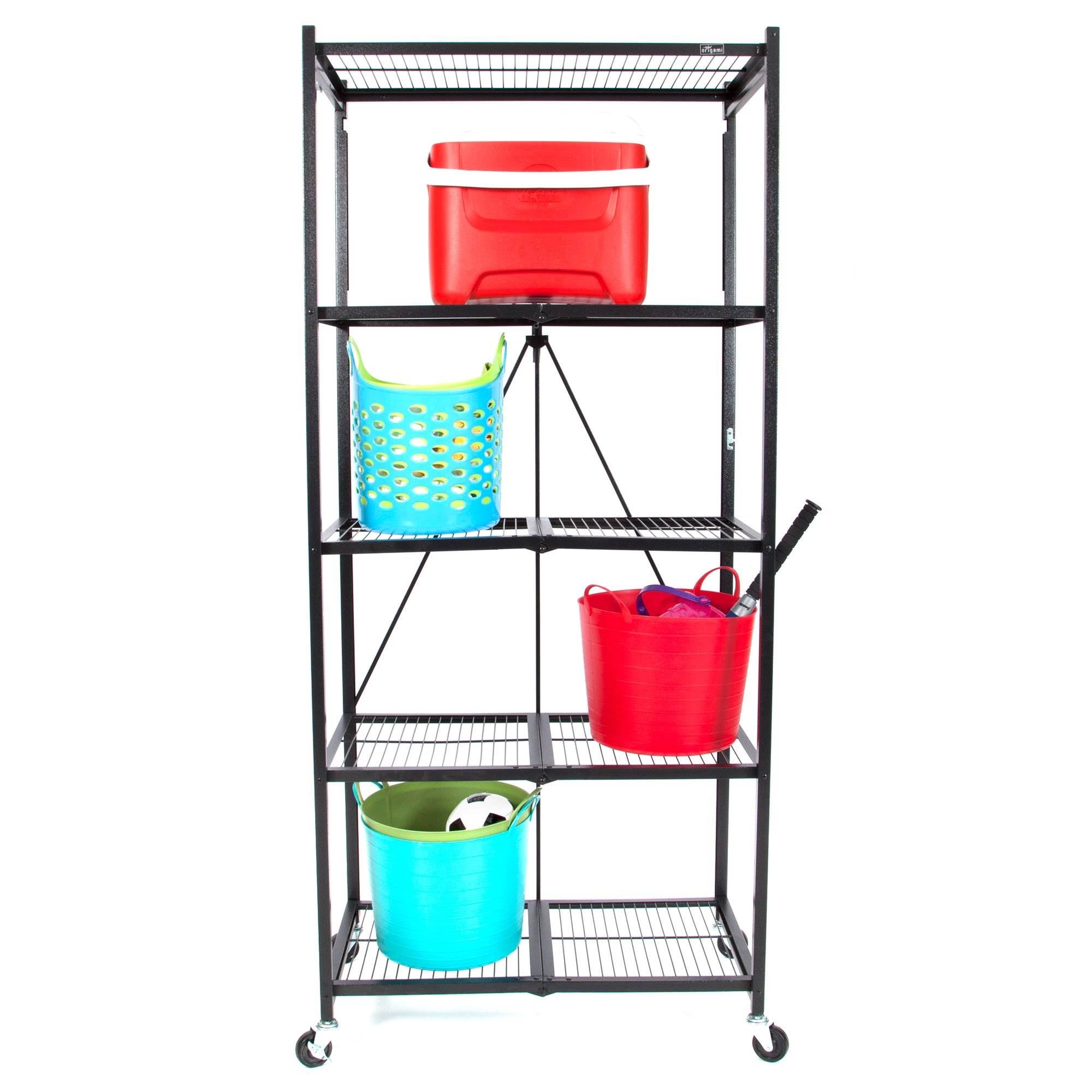 Origami Large Wheeled 5-Shelf Folding Steel Wire Shelving, Black (Open Box)