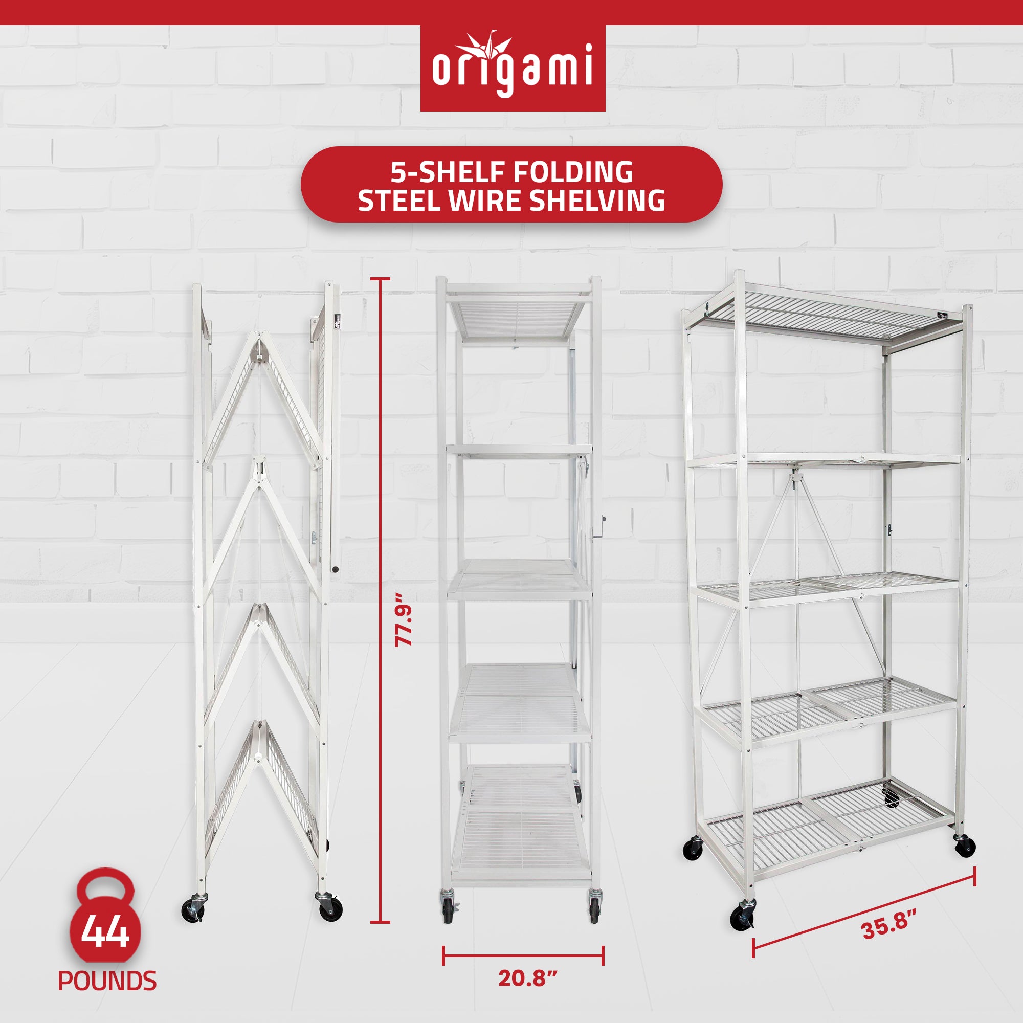 Origami 2 Pack Large Wheeled 5-Shelf Folding Steel Wire Shelving Rack, White - VMInnovations