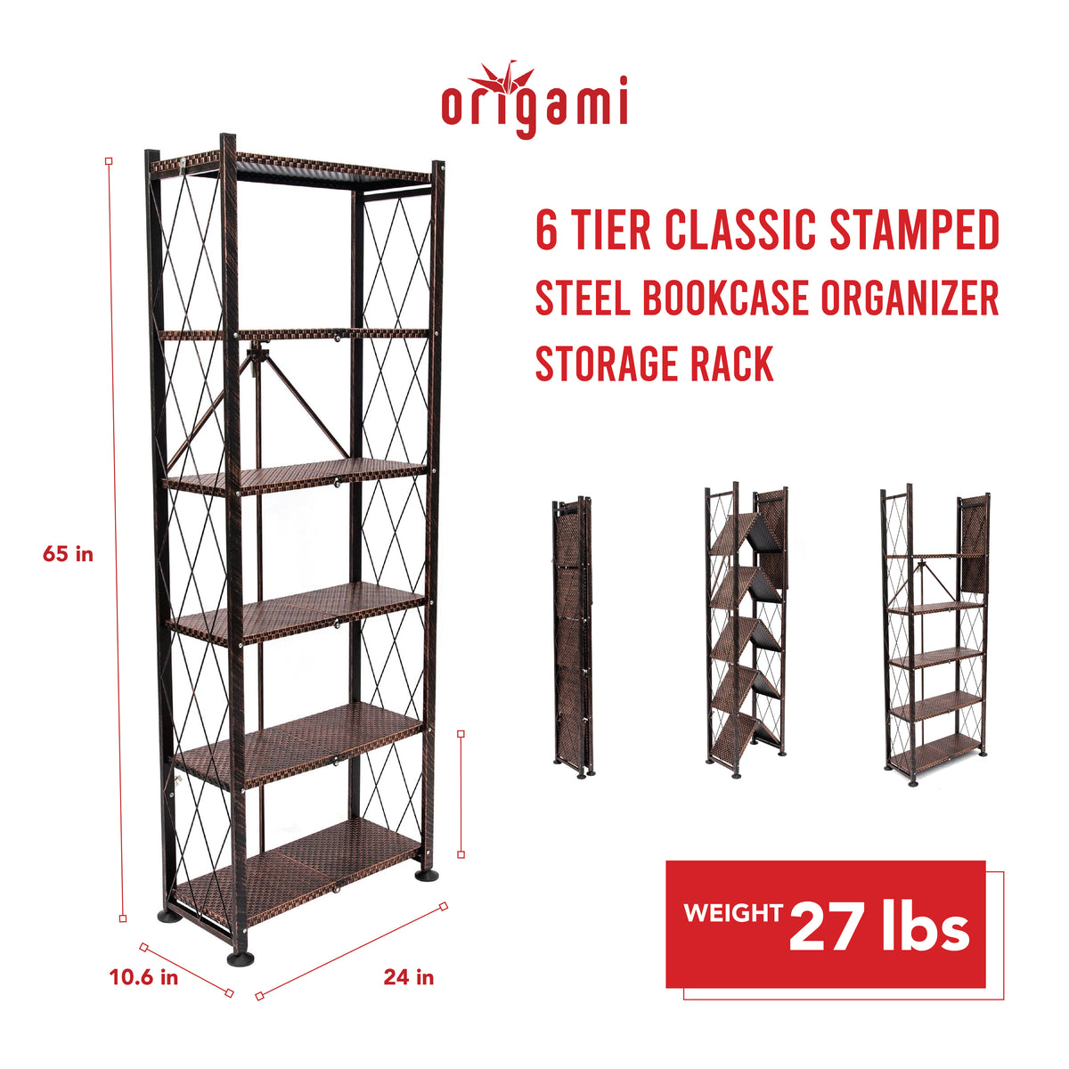 Origami 6 Tier Classic Steel Bookcase Organizer Storage Rack, Bronze (For Parts)