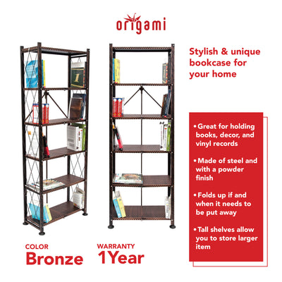 Origami 6 Tier Classic Stamped Steel Bookcase Organizer Storage Rack, Bronze