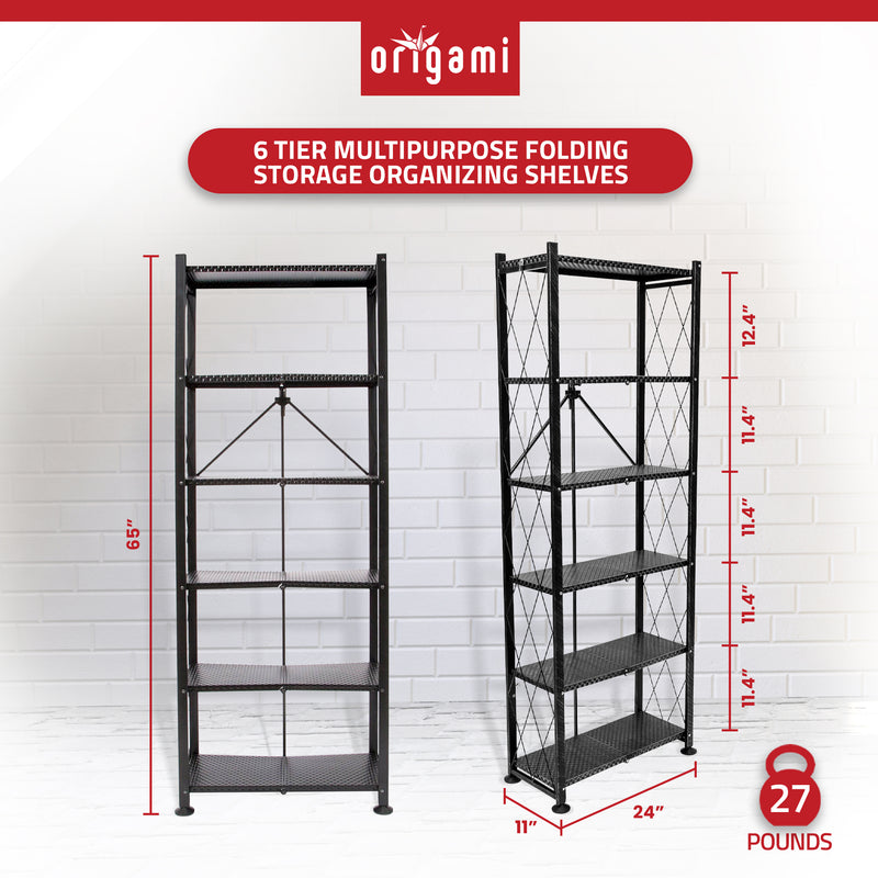 Origami 6 Tier Classic Stamped Steel Bookcase Organizer Storage Rack, Black