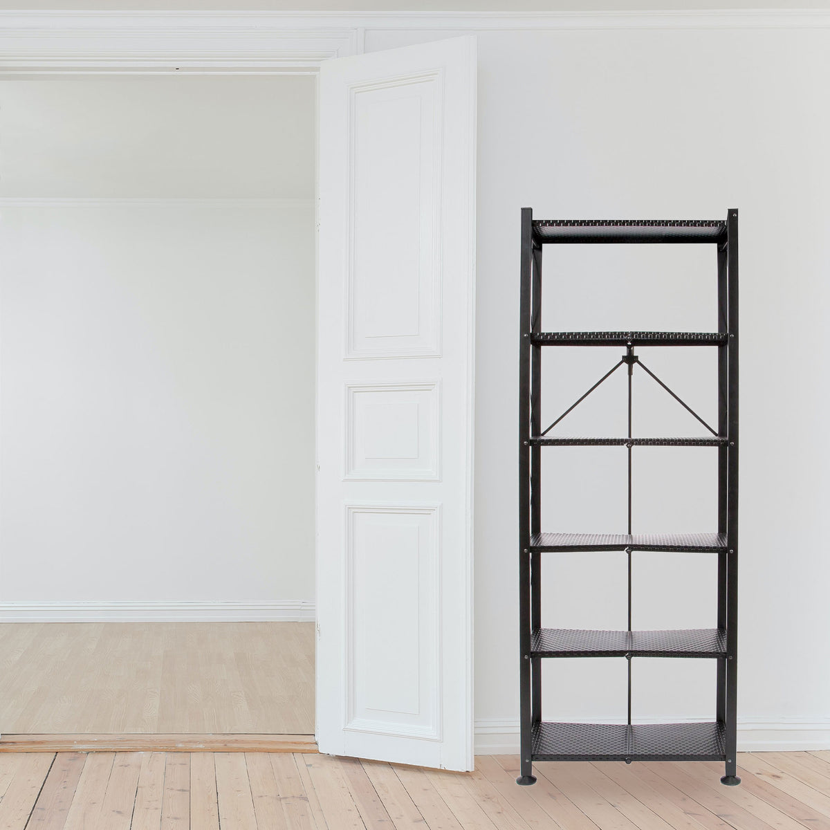 Origami 6 Tier Classic Stamped Steel Bookcase Organizer Storage Rack, Black (Refurbished)