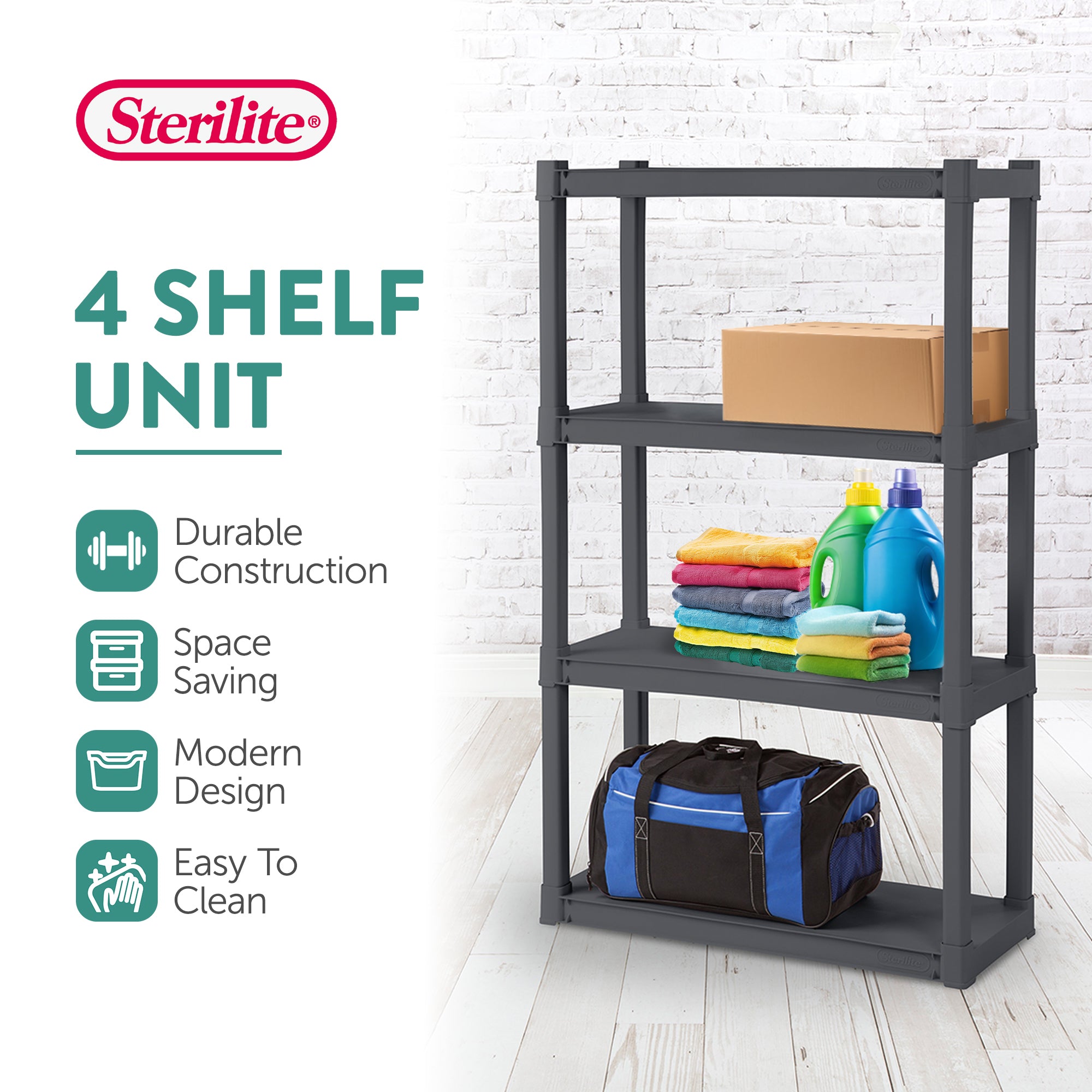 Sterilite 4 Shelf Durable Solid Surface Shelving Unit, Flat Gray (6 Pack) - VMInnovations