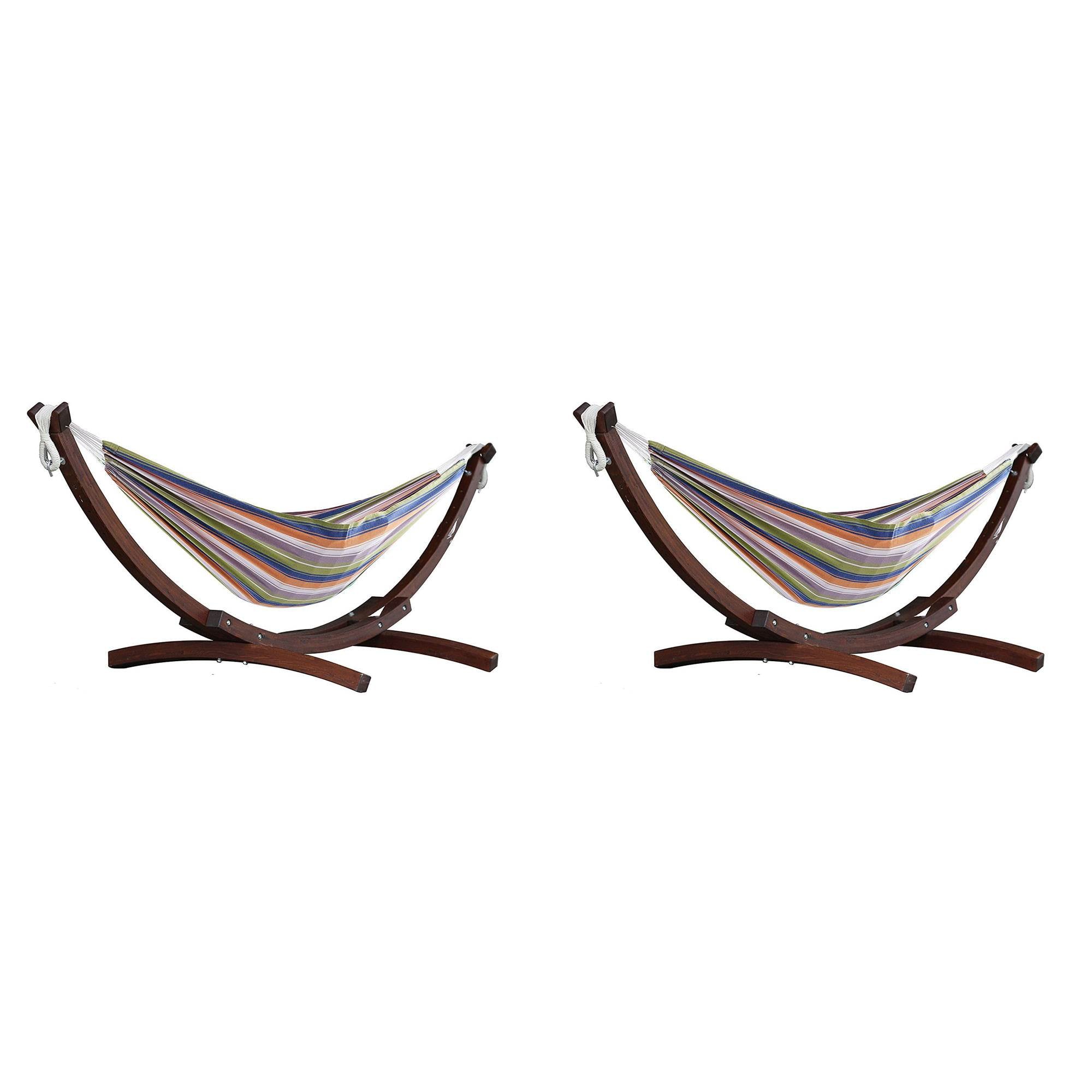 Vivere Double Cotton 2 Person Outdoor Hammock & Pine Wood Stand, Retro (2 Pack)