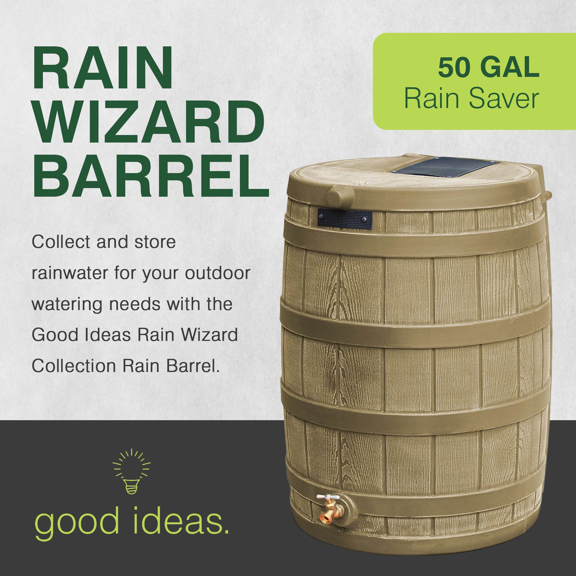 Good Ideas Rain Wizard 50 Gallon Plastic Rain Barrel Water Collector, Khaki