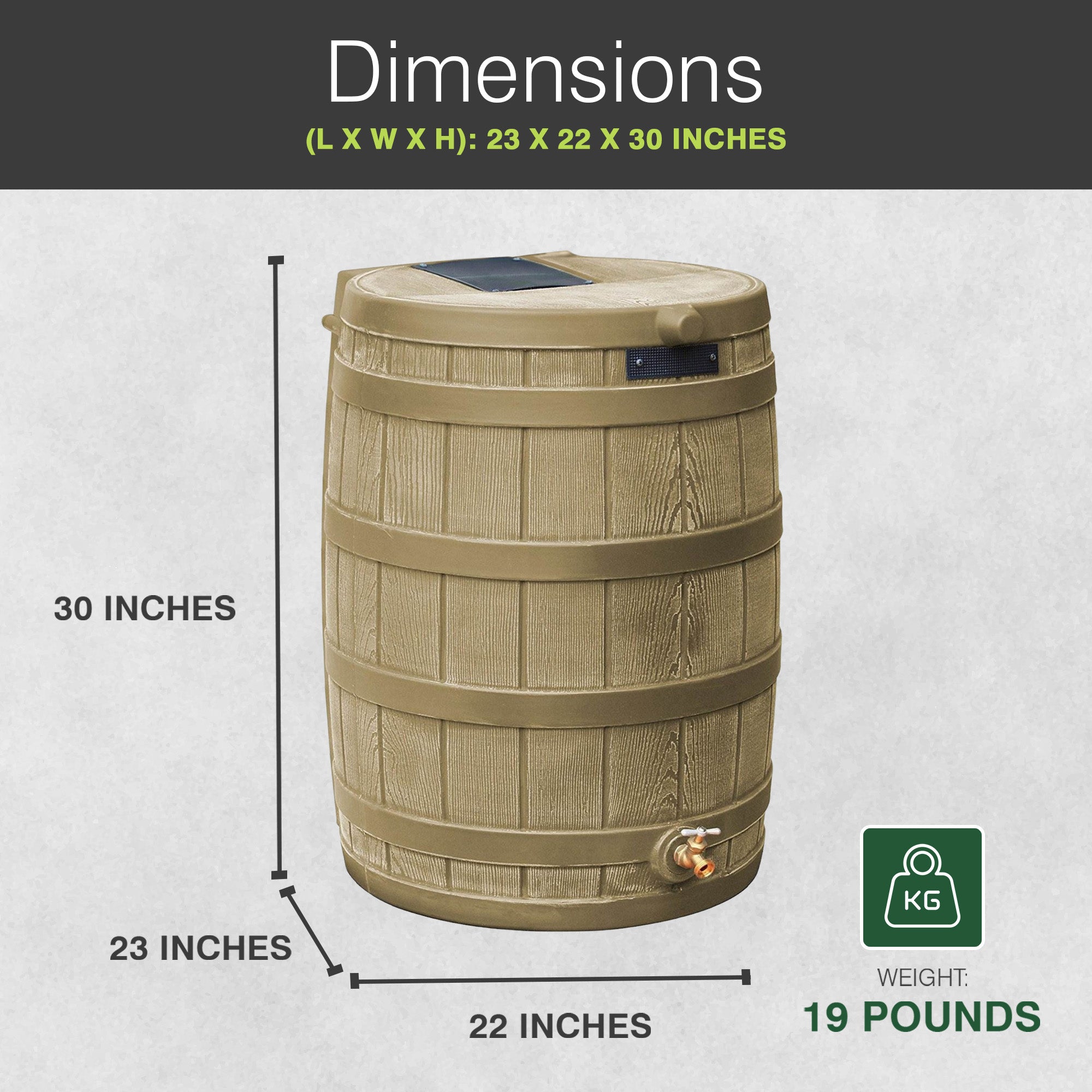 Good Ideas Rain Wizard 50 Gallon Plastic Rain Barrel Water Collector, Khaki
