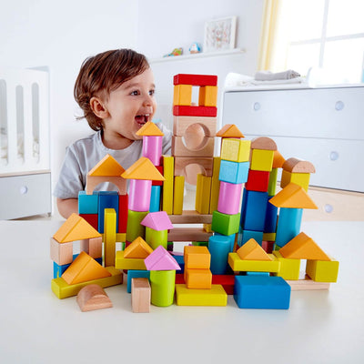Hape Kid's Toddler 100 Piece Stacking Build Up Wooden Blocks Toy Set (4 Pack)