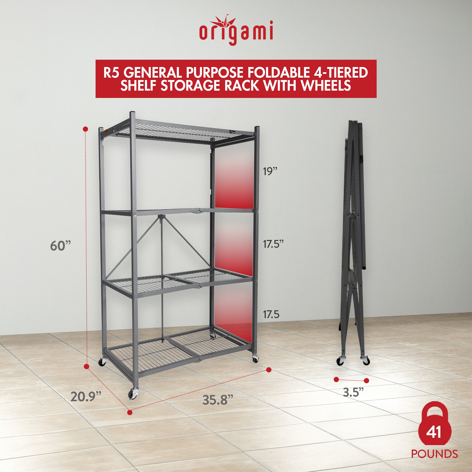 Origami Wheeled 4-Shelf Folding Steel Wire Shelving Pewter, 2 Pack (21"x36"x60")