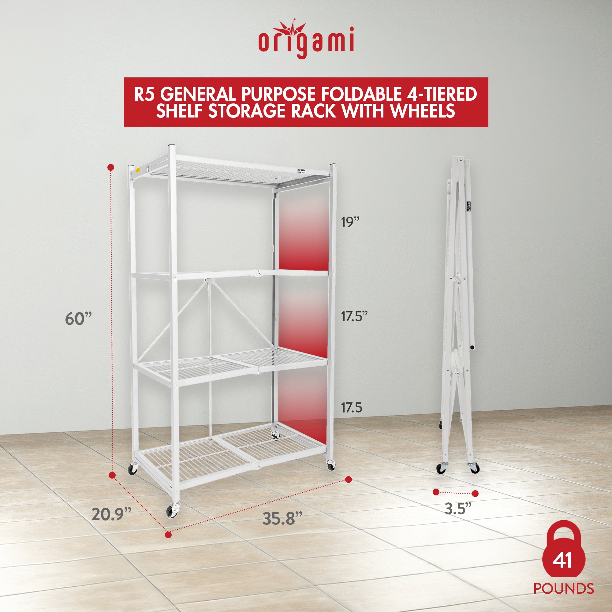 Origami Wheeled 4-Shelf Folding Steel Wire Shelving, White, 2 Pack (21"x36"x60")