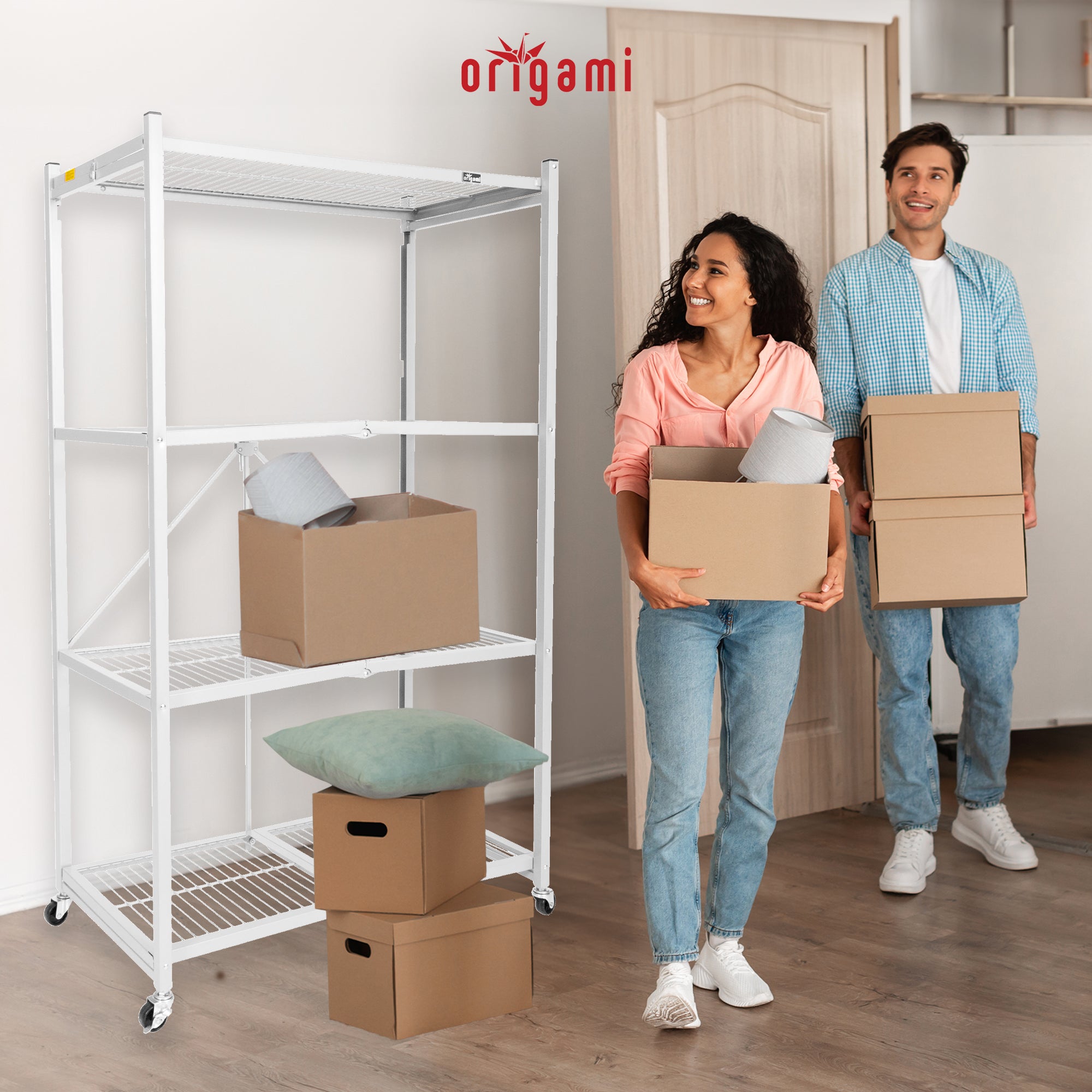 Origami Wheeled 4-Shelf Folding Steel Wire Shelving, White, 2 Pack (21"x36"x60")