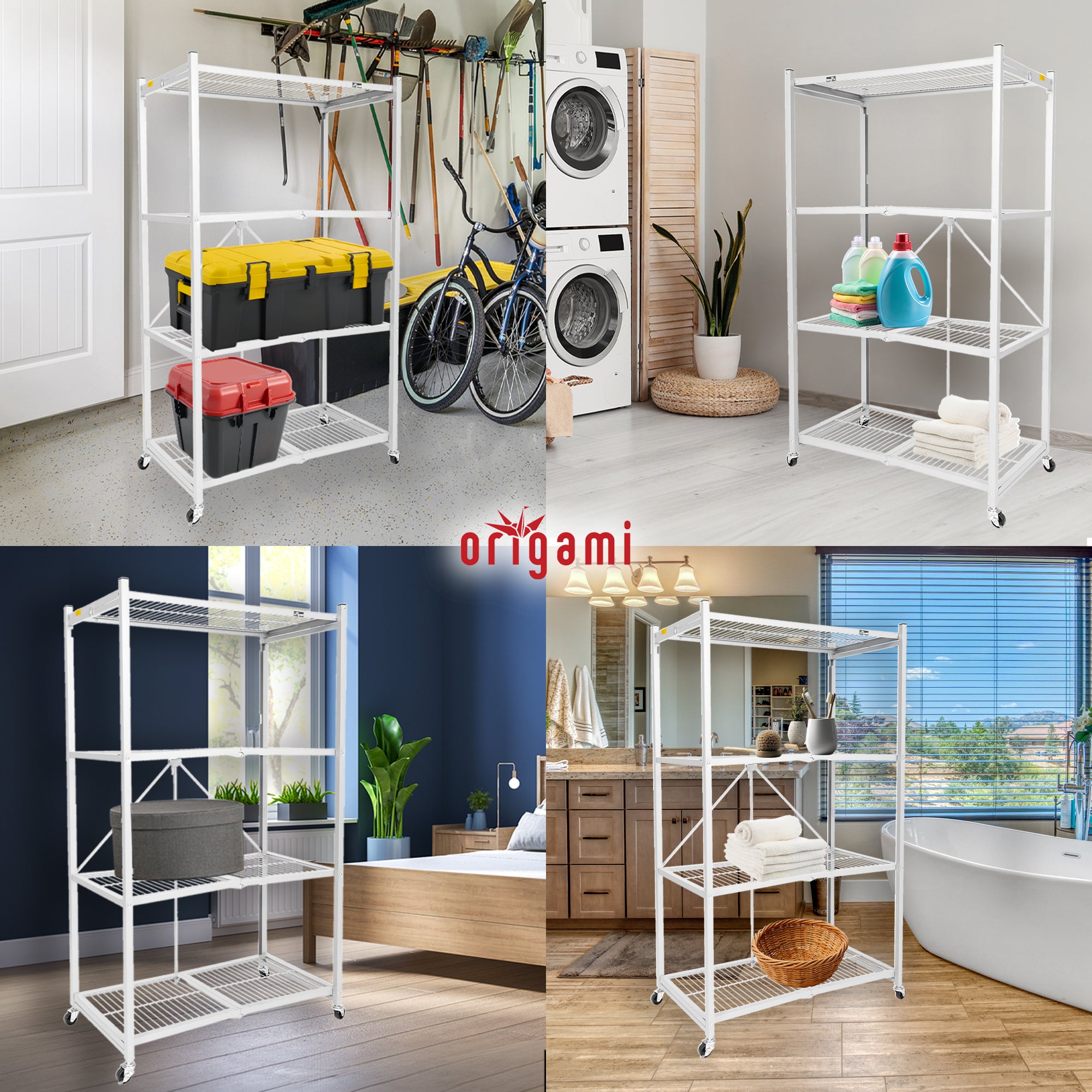 Origami Wheeled 4-Shelf Folding Steel Wire Shelving, White, 2 Pack (21"x36"x60")