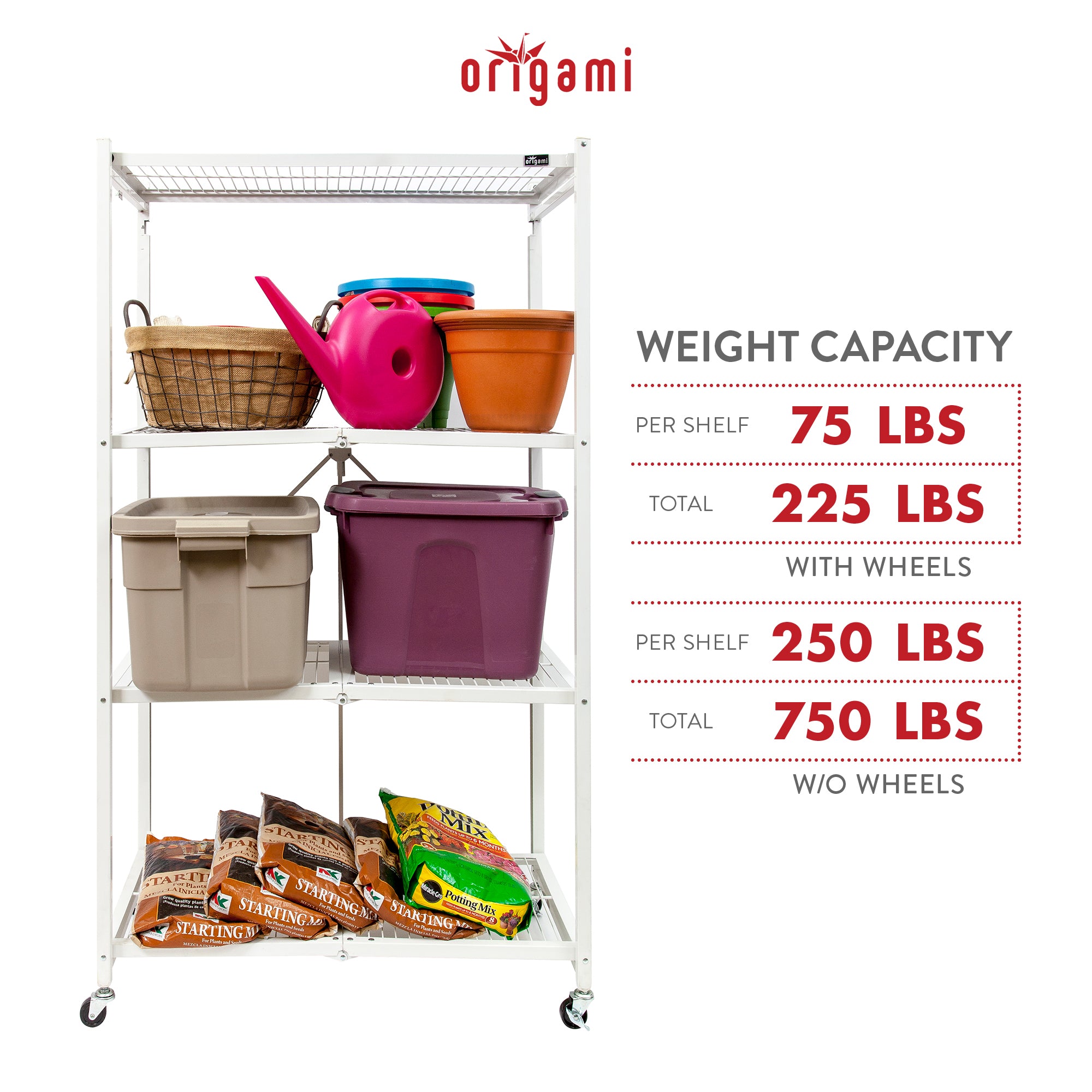 Origami Wheeled 4-Shelf Folding Steel Wire Shelving, White, 2 Pack (21"x36"x60")