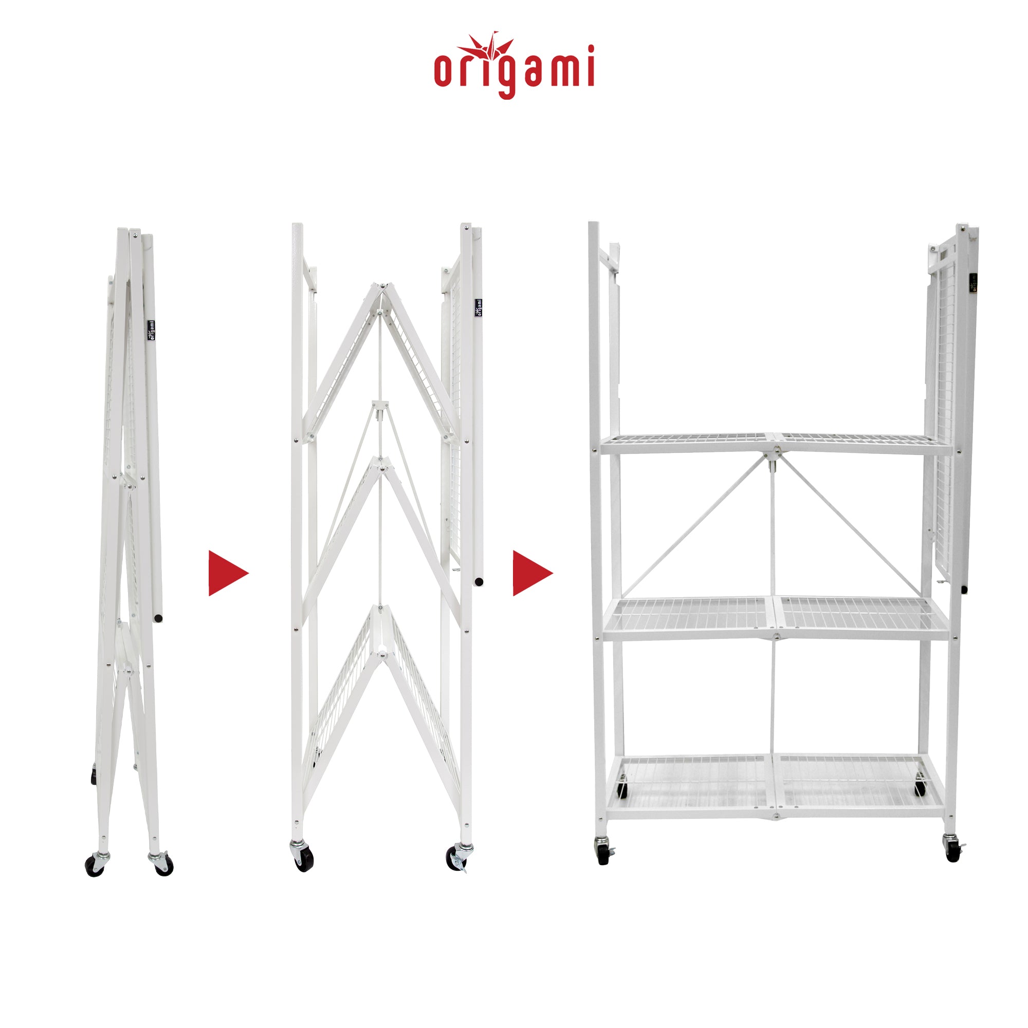 Origami Wheeled 4-Shelf Folding Steel Wire Shelving, White, 2 Pack (21"x36"x60")