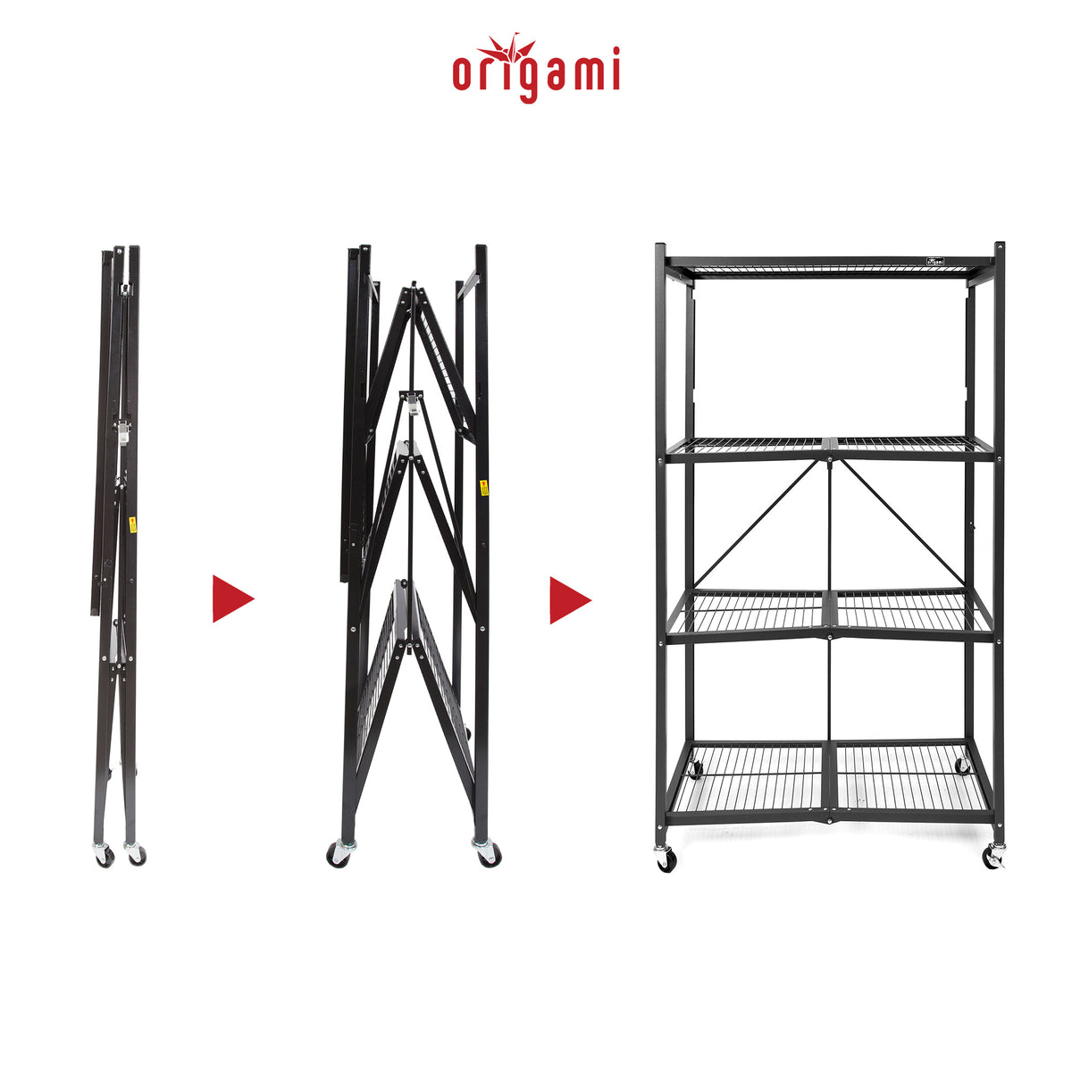 Origami R5-06W Black 4-Wheeled and 4-Shelf Folding Steel Wire Shelving Storage - VMInnovations